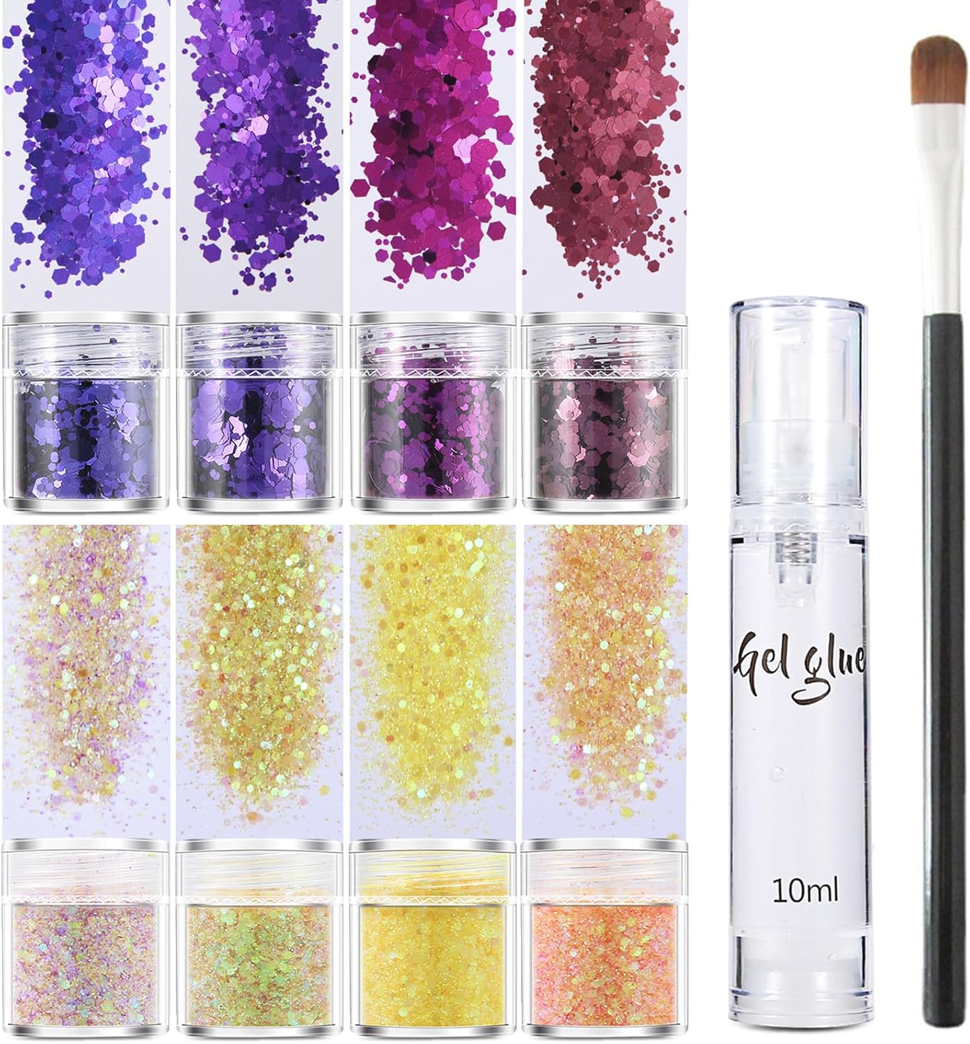 Body Glitter 8 flessen, glitter gezicht make-up festival accessoires met lijm, festival accessoires pailletten voor haar, ogen, hals, nagel gezichtsmake-up, festival cosmetica glitter