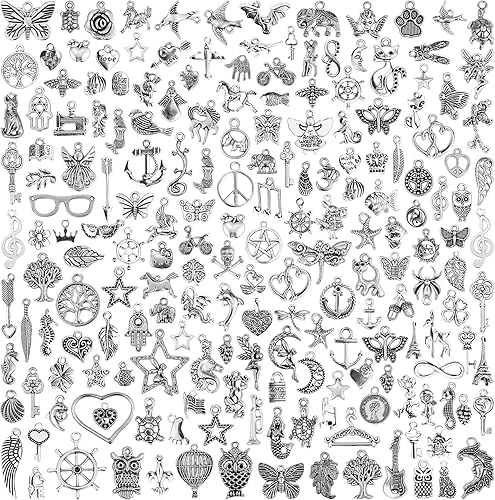 JIALEEY 200 piezas al por mayor de lotes a granel para hacer joyas, dijes mezclados de metal tibetano de plata tibetana, dijes para bricolaje para