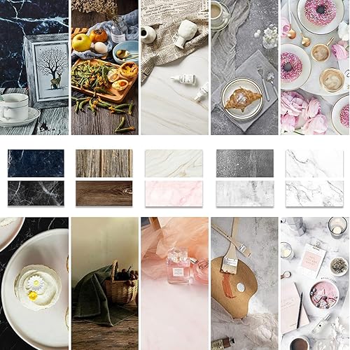 5PCS 10Patterns Food Photography Background Paper, 22x34Inch Double-Sided Photo Tabletop Backdrops Props Marble Wooden, EOAJAFOU