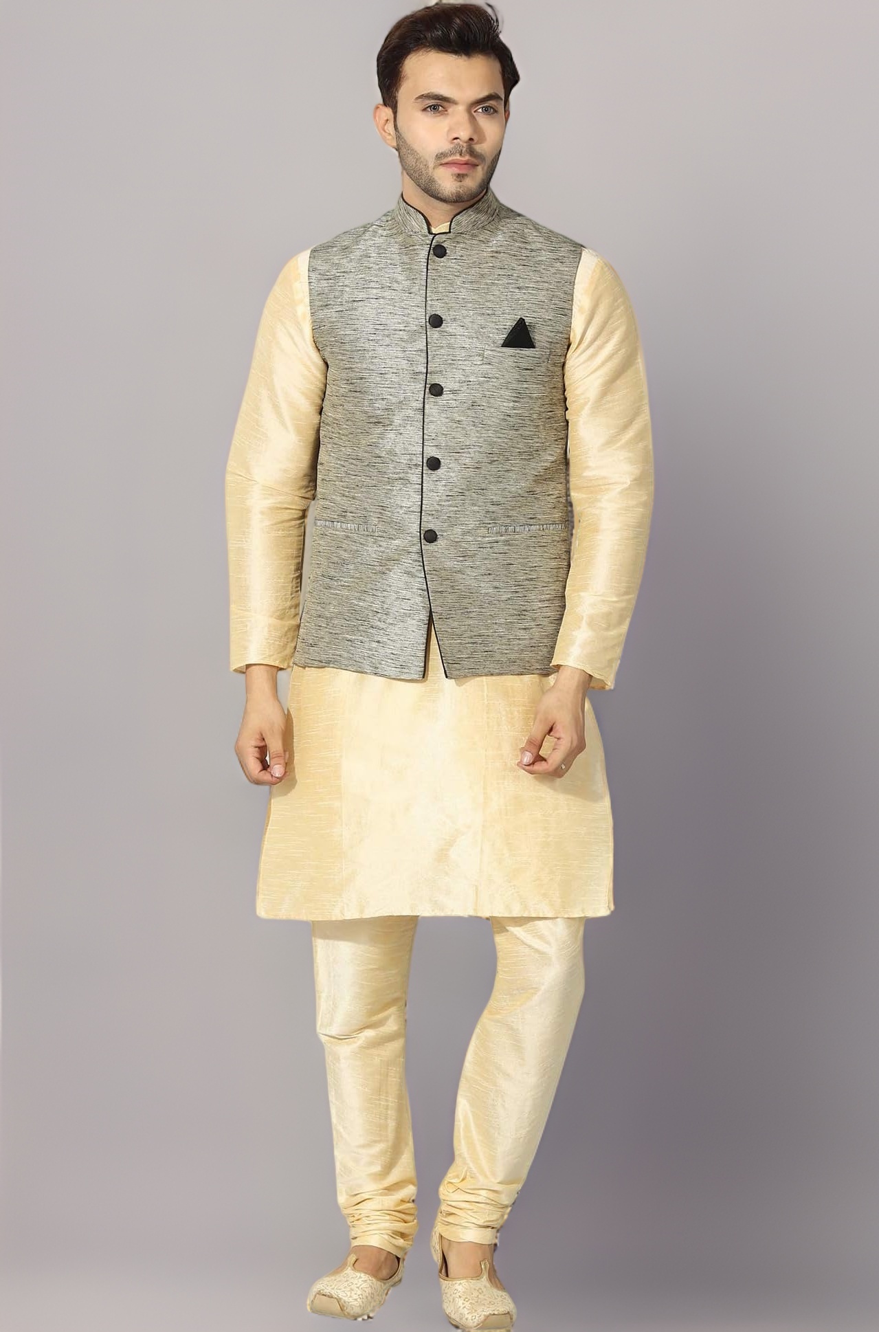 Uri and MacKenzie Men's Silk Blend Regular Kurta Churidar Pyjama with Bundi Nehru Jacket/Waistcoat