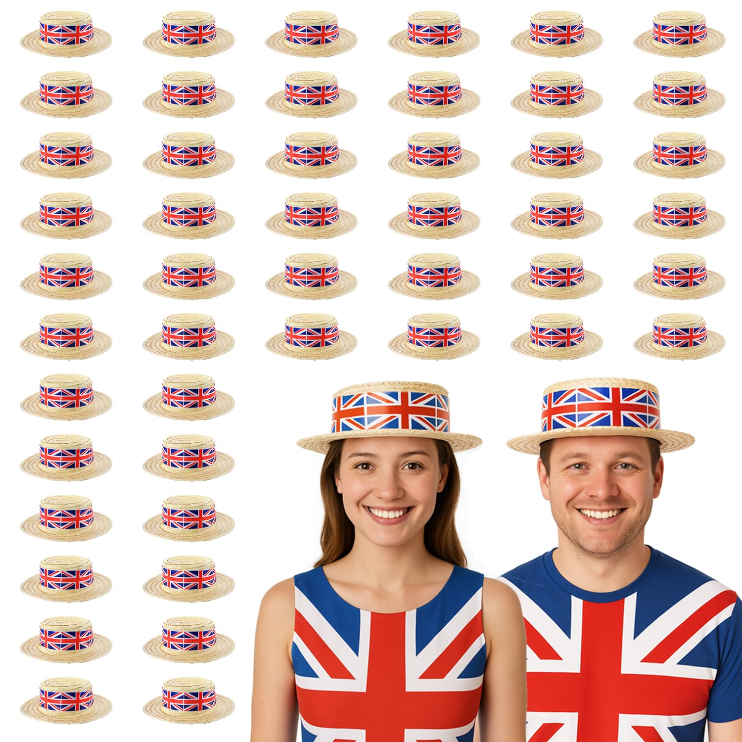 Union Jack Boater Hats - Pack of 48 - Straw Boater Hats with Union Jack Flag Band - King's Coronation, VE Day, Jubilee Events, Street Party Fancy Dress Accessory
