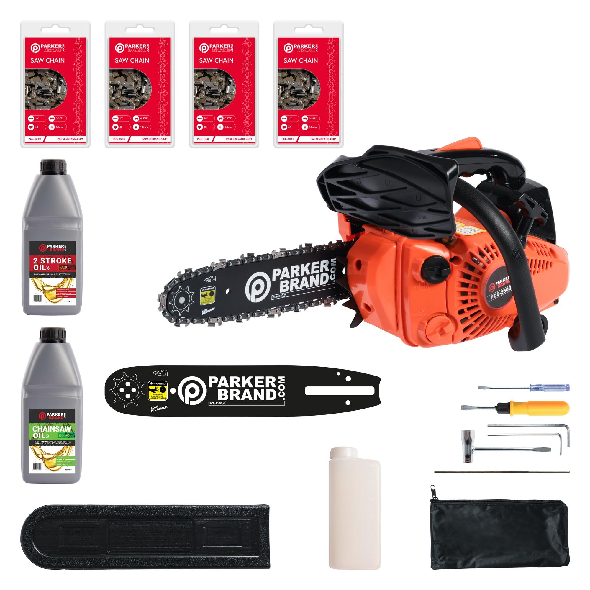 26cc Petrol Chainsaw Pack + 4 x Chains + 2 x Bars + Oils + More!