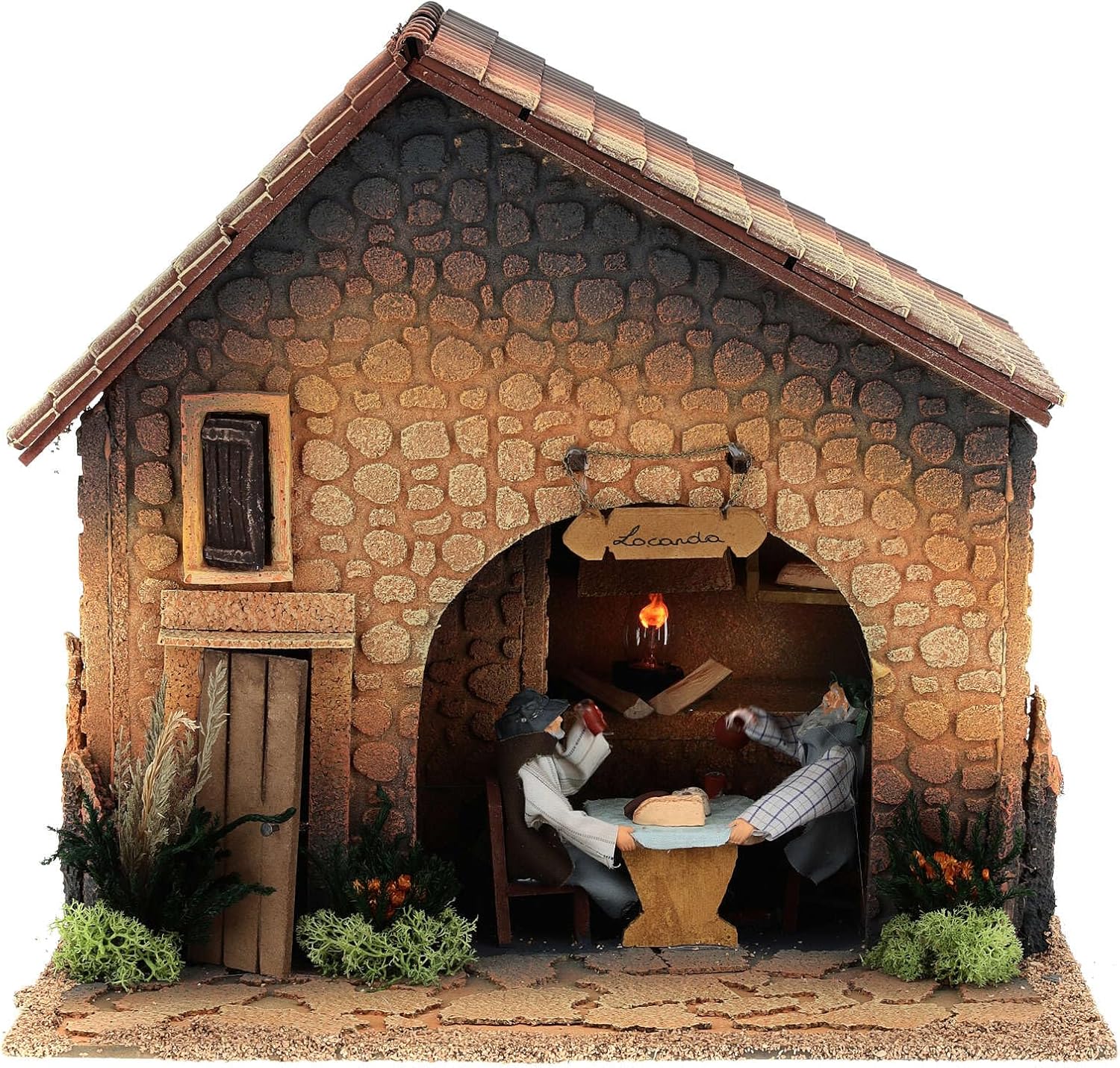 Holyart Inn with fire and Figurines in Motion, 8 cm Nativity