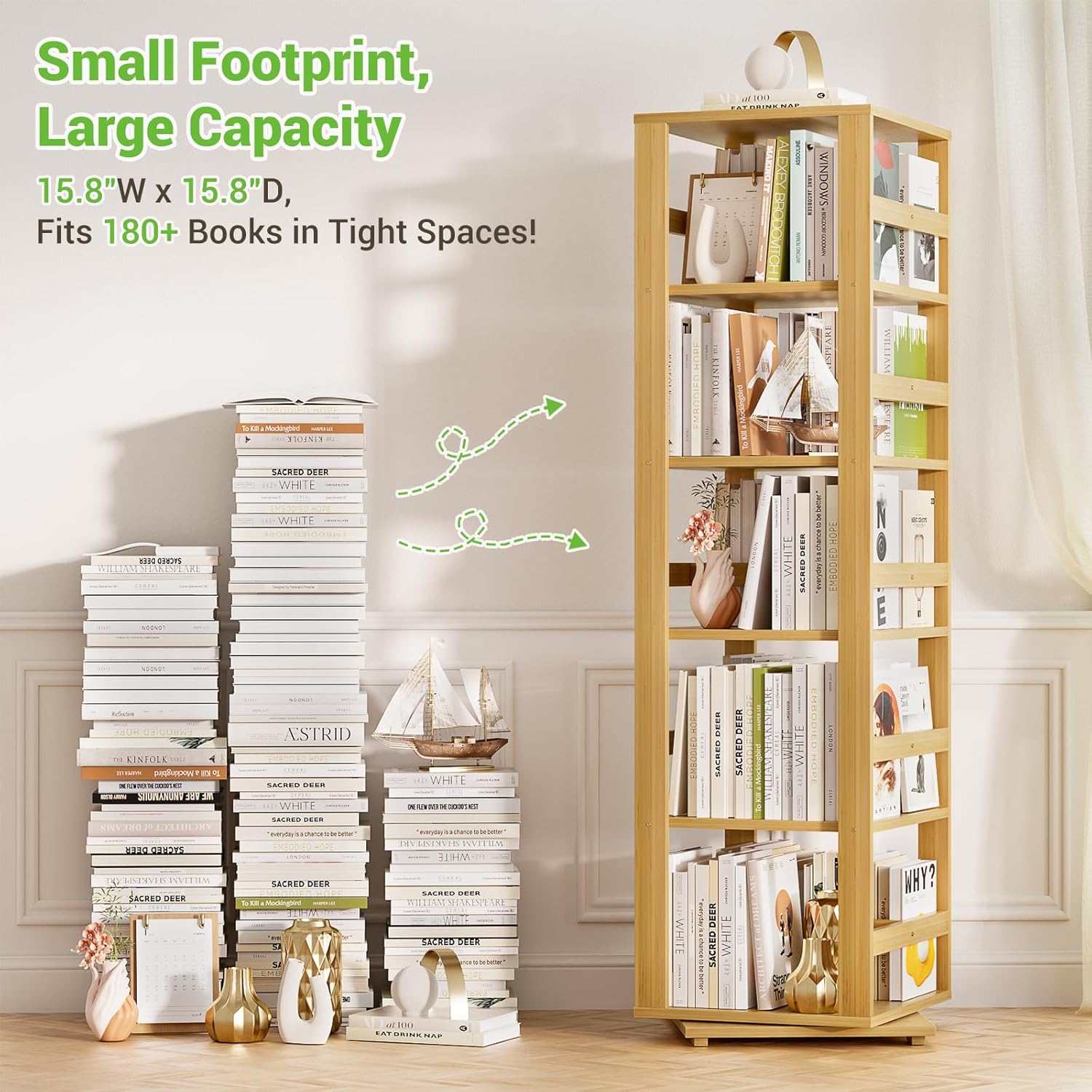 Homykic Rotating Bookshelf, Bamboo 360 Display Spinning Bookshelf Tower, 5-Tier Small Corner Bookcase for Small Spaces, Narrow Revolving Book Shelf Organizer Rack for Home Office, Natural