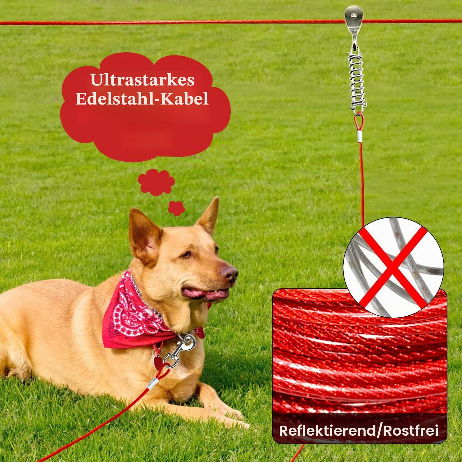 Hundeauslauf für draußen, 30 m Langer Hundeläufer für den Hof mit 4,5 m langem Zugkabel, robuste Hundeleine für große Hunde, Trolley-System, Zipline für Hunde, 56,7 kg