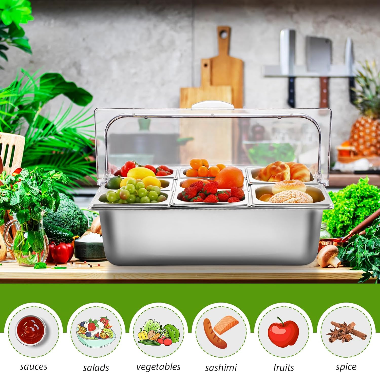 Countertop Food Serving Display Container and Clear Roll Top Cover Stainless Steel Food Serving Tray Buffet Condiment Dispenser Display Rack for Restaurant Hotel Kitchen Party (8 Pan)