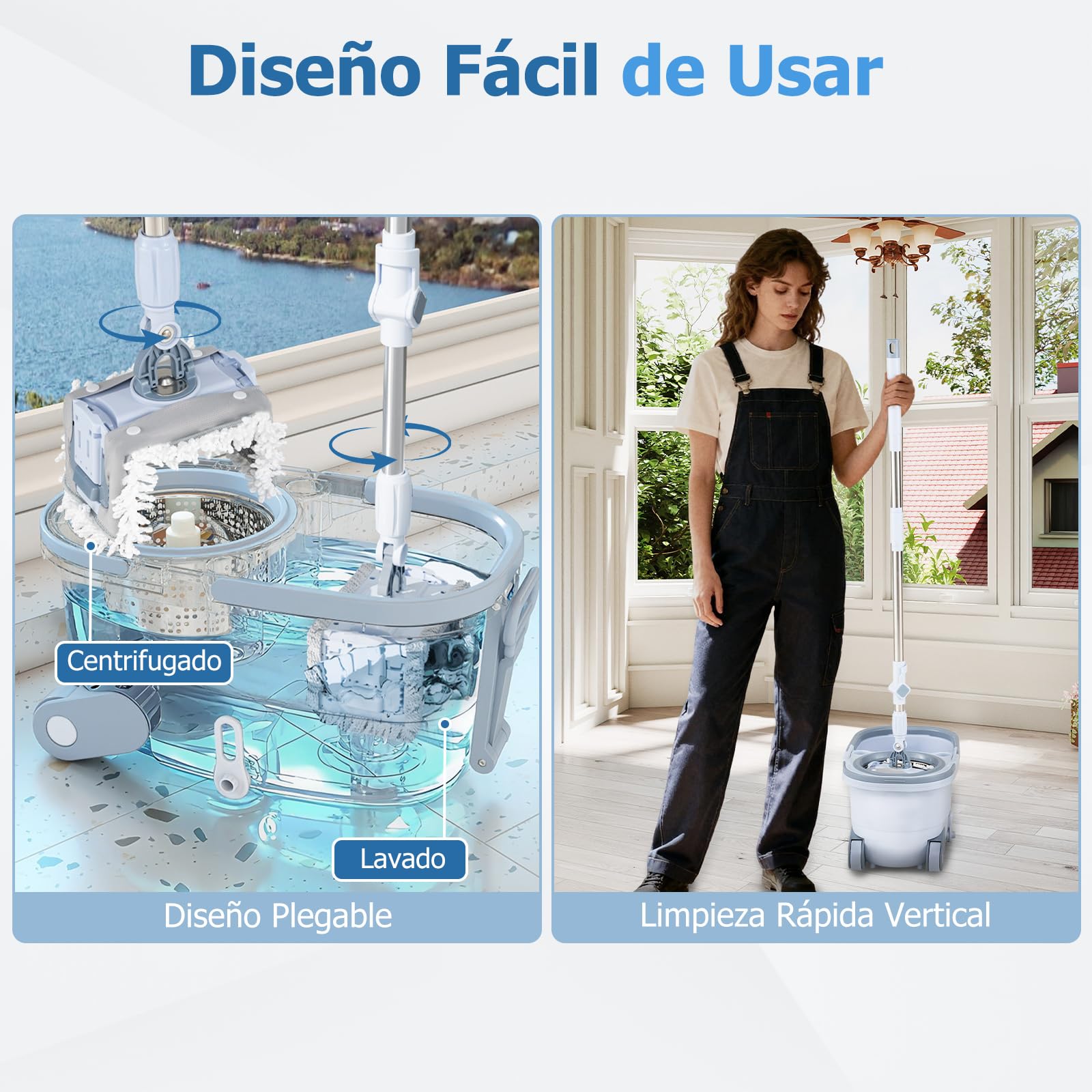 GOPLUS Set de Mopa y Cubo, Mopa Rotativa de Microfibra con Cubo de 2 Compartimentos, Escurrido sin Manos y Paños Reutilizables, Agua Limpia y Sucia, para Suelos y Ventanas (Azul,8,5 litros de Agua)