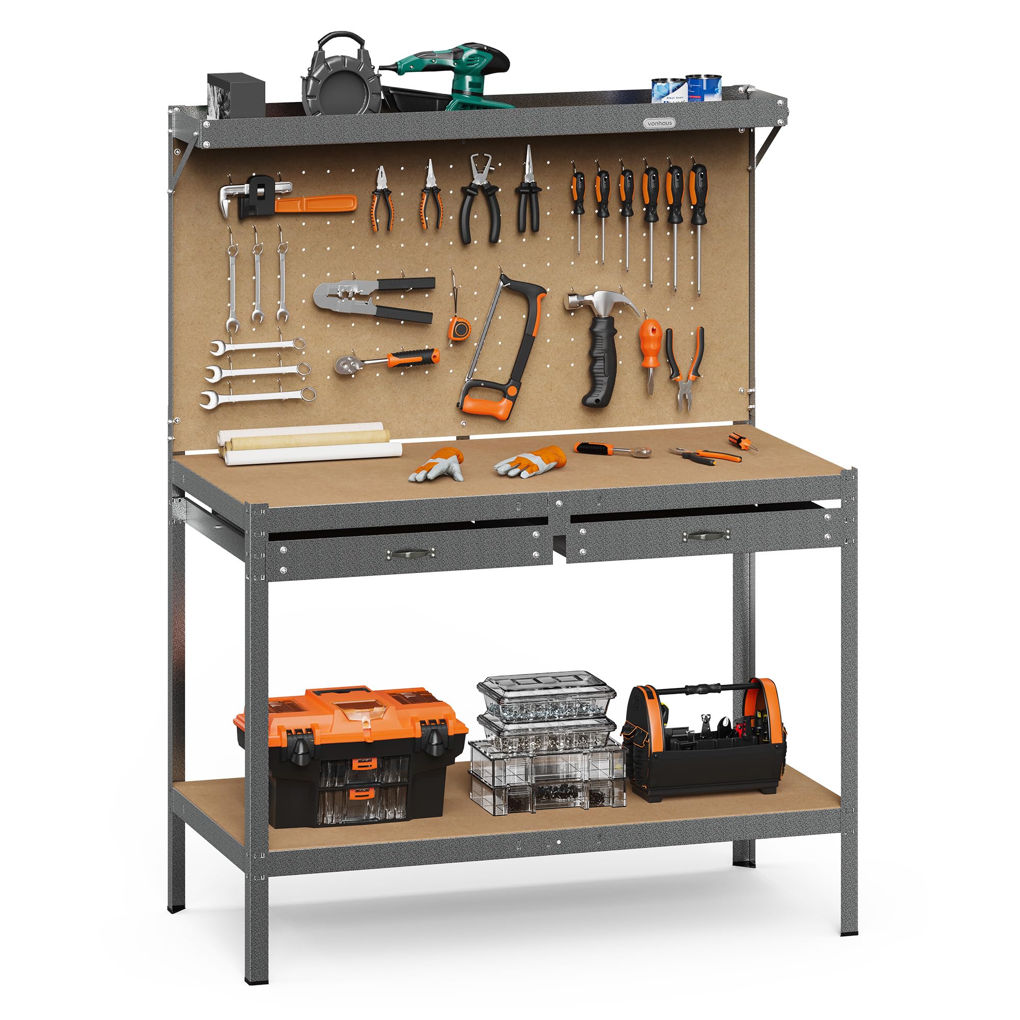 Vonhaus Black Garage Work Bench With Pegboard - Metal And Wooden Workbenches - Suitable For Most Garage Equipment - Workbench Containing - Storage Drawer, Shelf And 20 Hooks - 230Kg Capacity