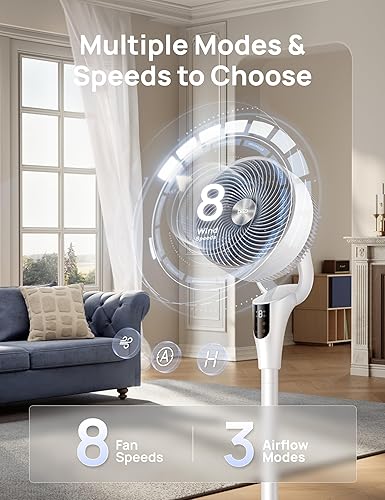 Miniatura 4 de DREO Fan for Bedroom, 2026 Upgraded, 90ft Airflow, 20dB Quiet Fan, 90° Oscillating Standing Fan for Whole Room, DC Motor, 8+H Speeds, 3 Modes, Blanco
