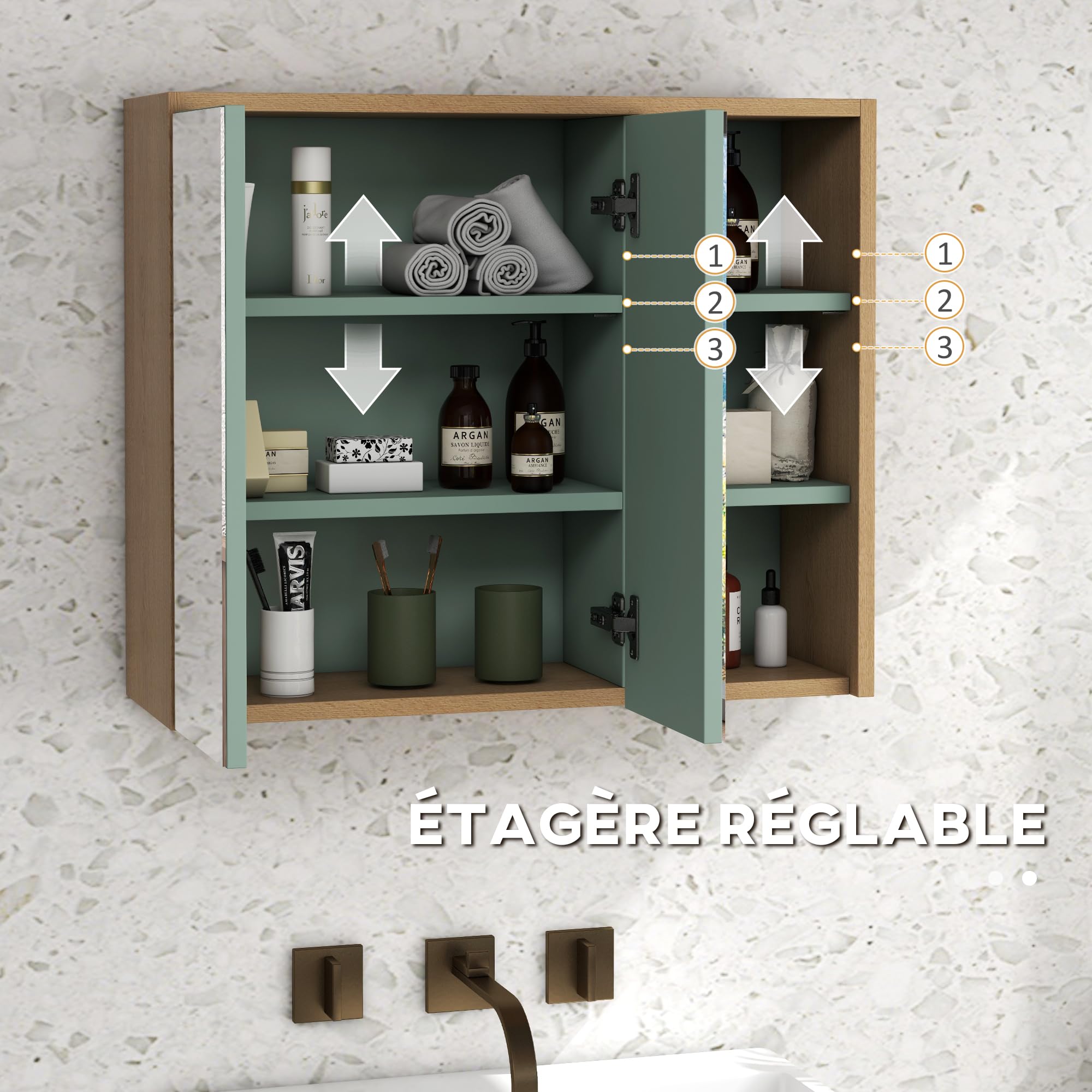 kleankin Ensemble de Meubles de Salle de Bain Armoire Miroir Salle de Bain + Meuble sous lavabo Suspendu avec étagères réglables 2 tiroirs Design scandinave Vert