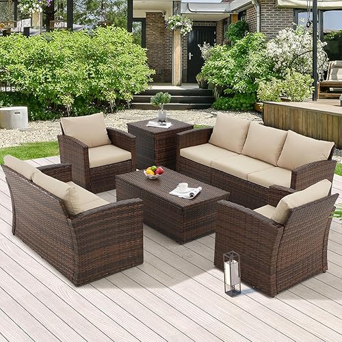 U-MAX 7 PCS Outdoor Patio Furniture Sets w/Two Storage Boxes, Outdoor Conversation Set PE Wicker Sectional Sofa Patio Sofa for Garden, Deck, Brown Rattan& Beige Cushions