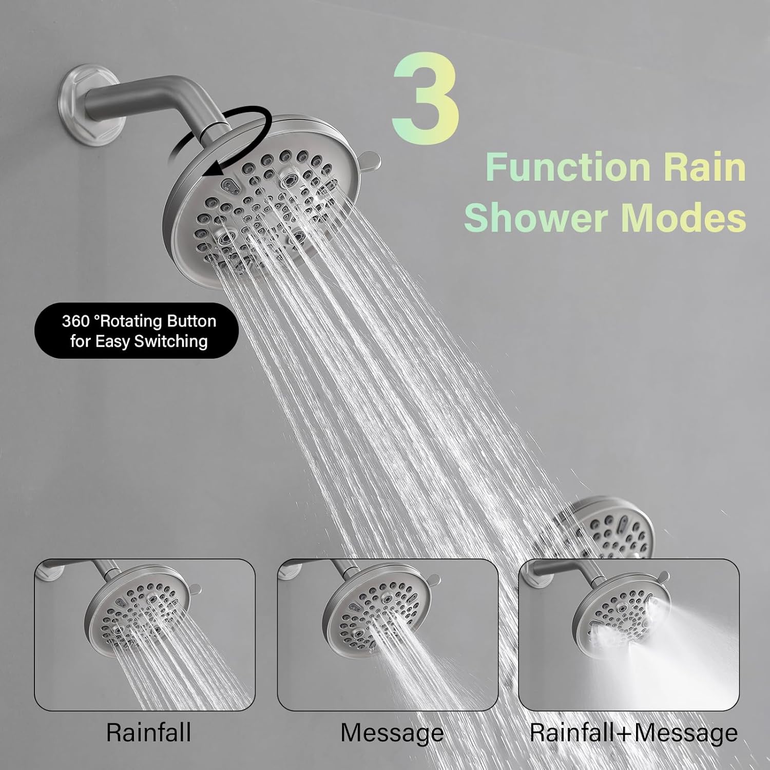 Three images demonstrating the BWE rain shower head's three functions: Rainfall, Massage, and a combined Rainfall + Massage mode.