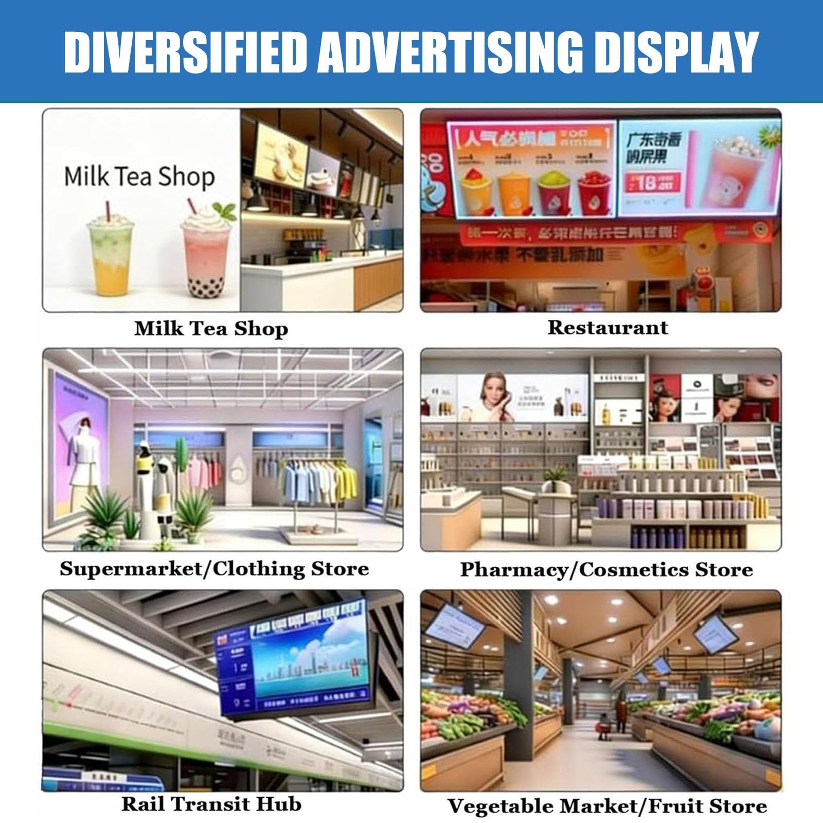 Display per segnaletica digitale da 18,5-50 pollici, pubblicitario 1080P | Modalità orizzontale/verticale per vetrine di negozi e uso commerciale