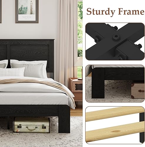 Miniatura 3 de Marco de Cama de Plataforma de Madera, Marco de Cama Full con Cabecera y Soporte de Listones de Madera, Fácil Montaje, No Necesita Somier, Sin Negro