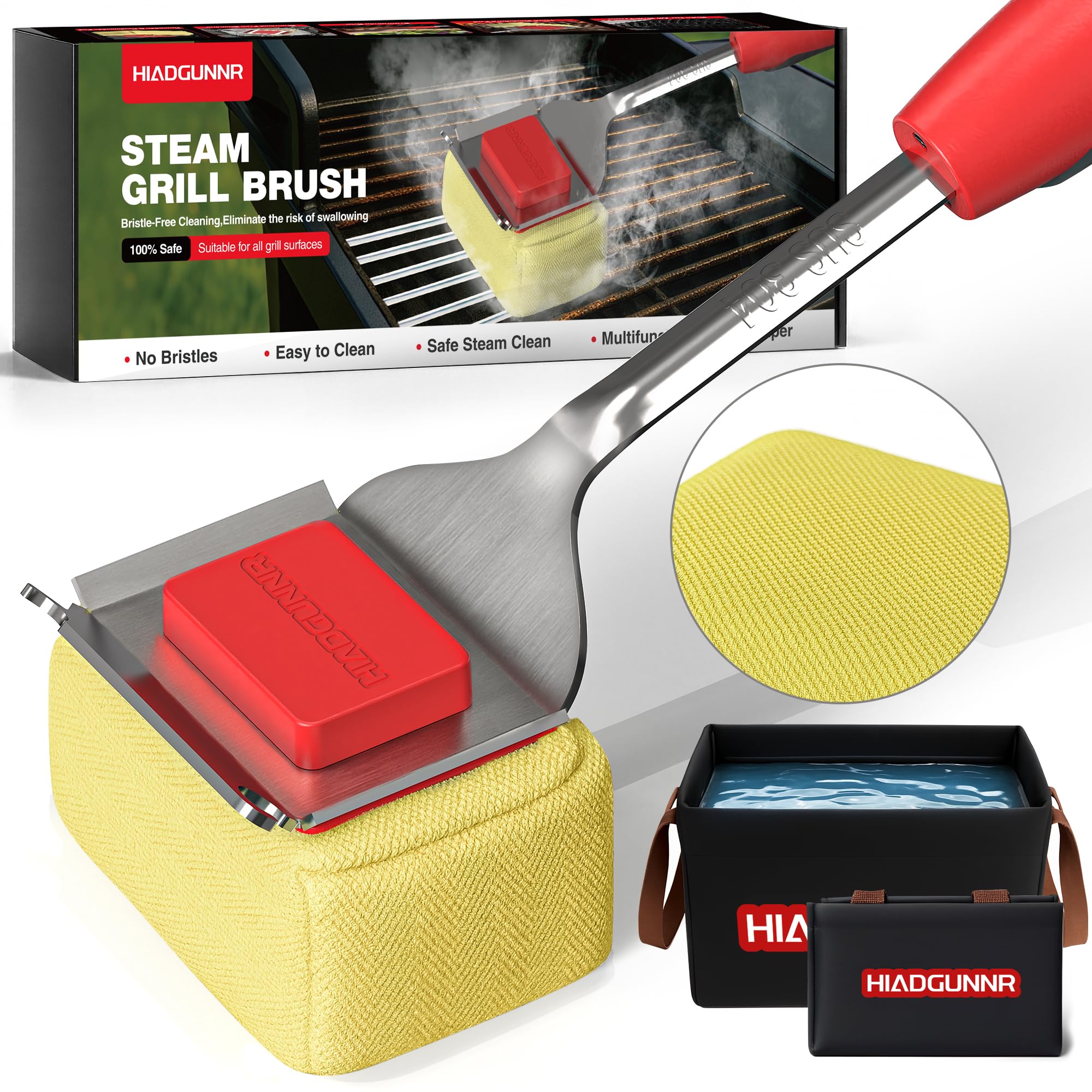 Grill Brush Bristle Free with Collapsible Bucket, BBQ Grill Cleaning Brush for Outdoor with Replaceable Head and Scraper, Safe Non-Metallic Bristles