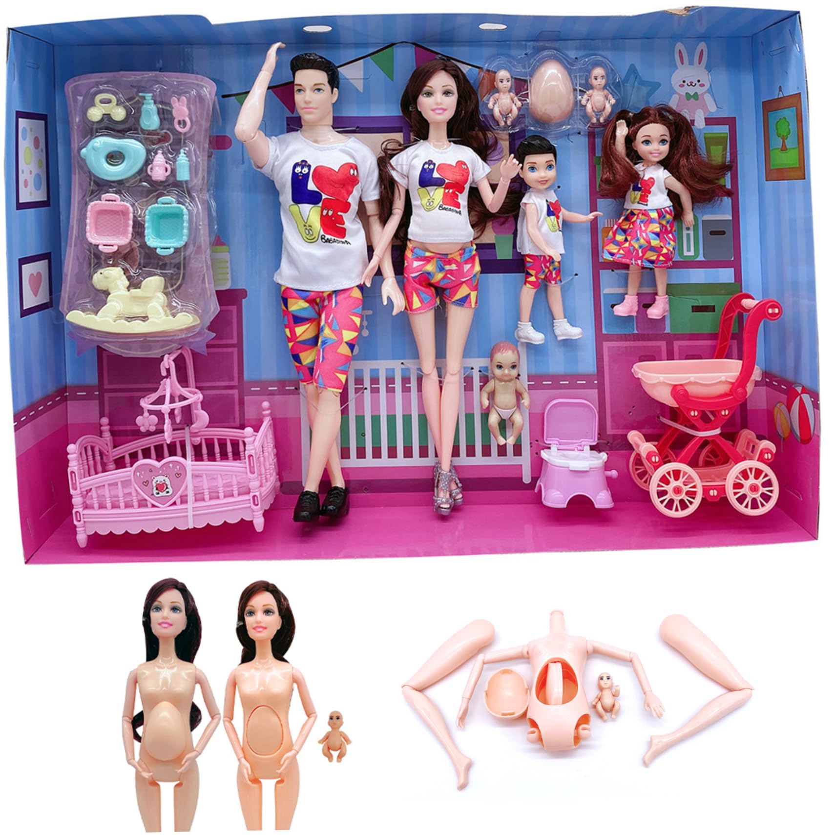 Jorzer Juego de muñecas Familiares de 5 muñecas Embarazadas con articulación móvil con bebé en la Barriga, papá y 2 niños para educación y Accesorios para Casas de, Juguetes para bebés embaraza-