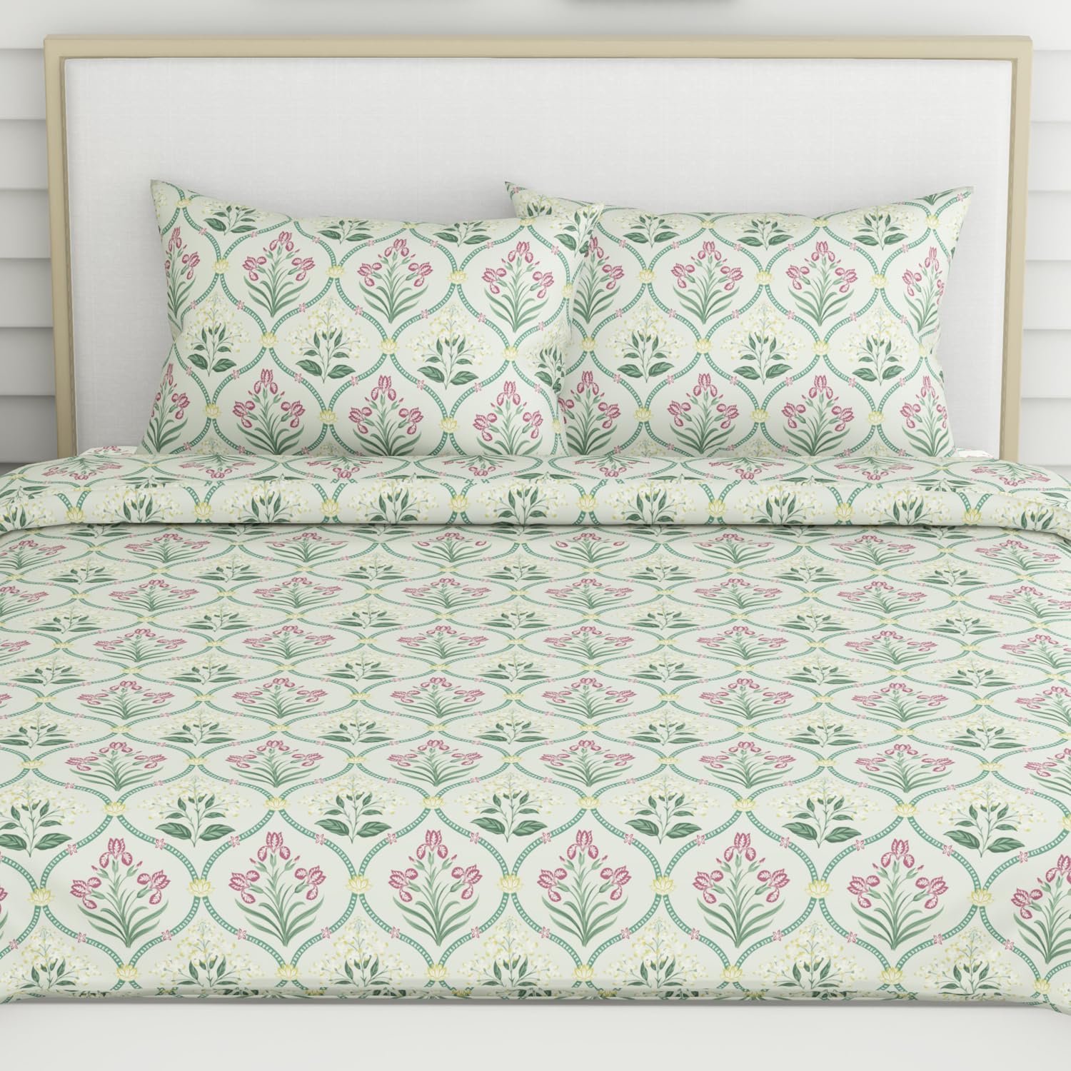 Haus & Kinder 100% Cotton Bedsheet for Double Bed | 186 TC Queen Size Bed Sheet | Size 90 x 100 inches | 2 Pillow Covers | Green Blossom Floral