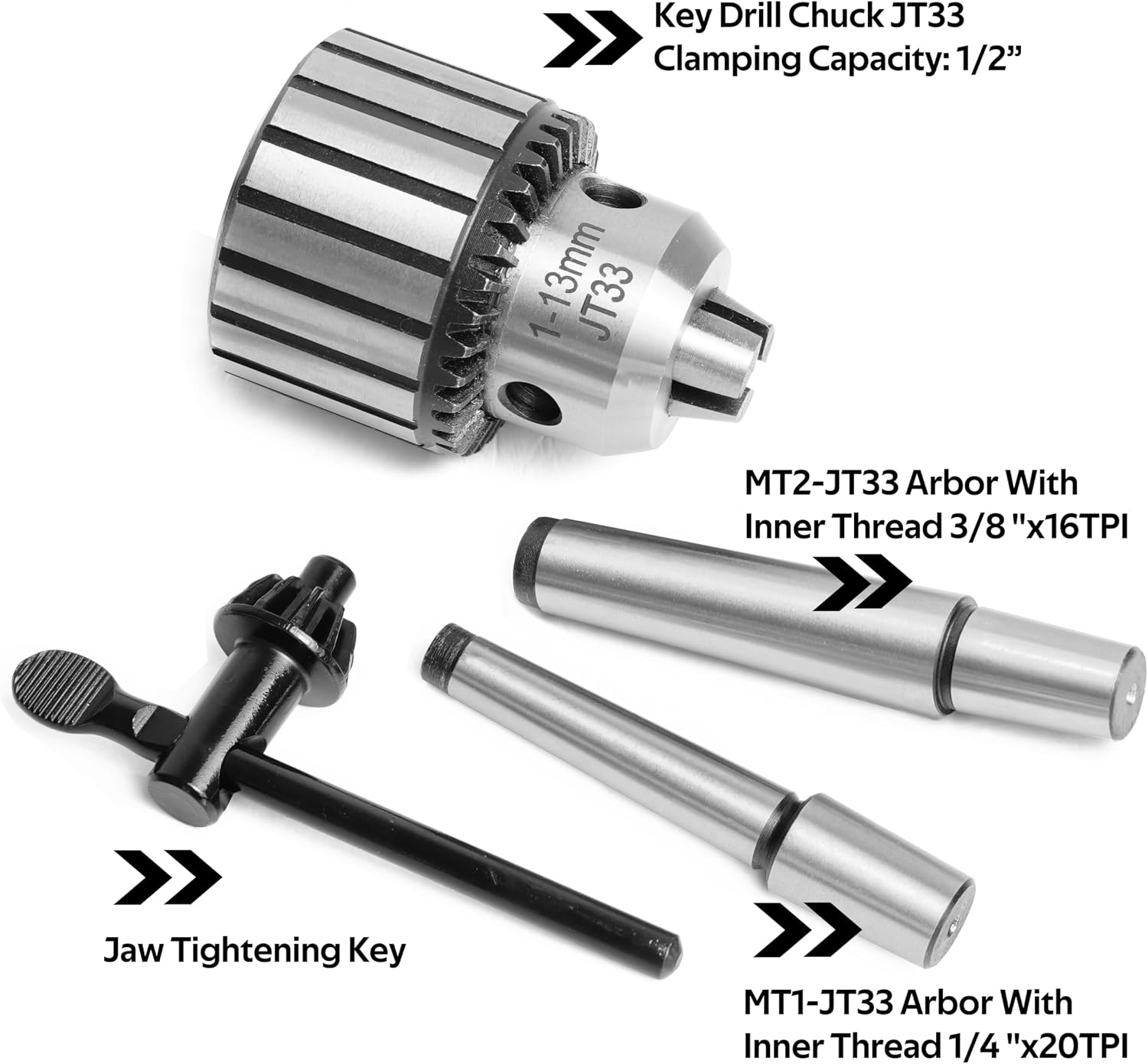 1/2-Inch Key Drill Chuck with one JT33-MT2 Taper Arbor Inner Thread 3/8"X16TPI and one JT33-MT1 Taper Arbor Thread 1/4"x20TPI for Drill Press, Wood lathe or Mill.