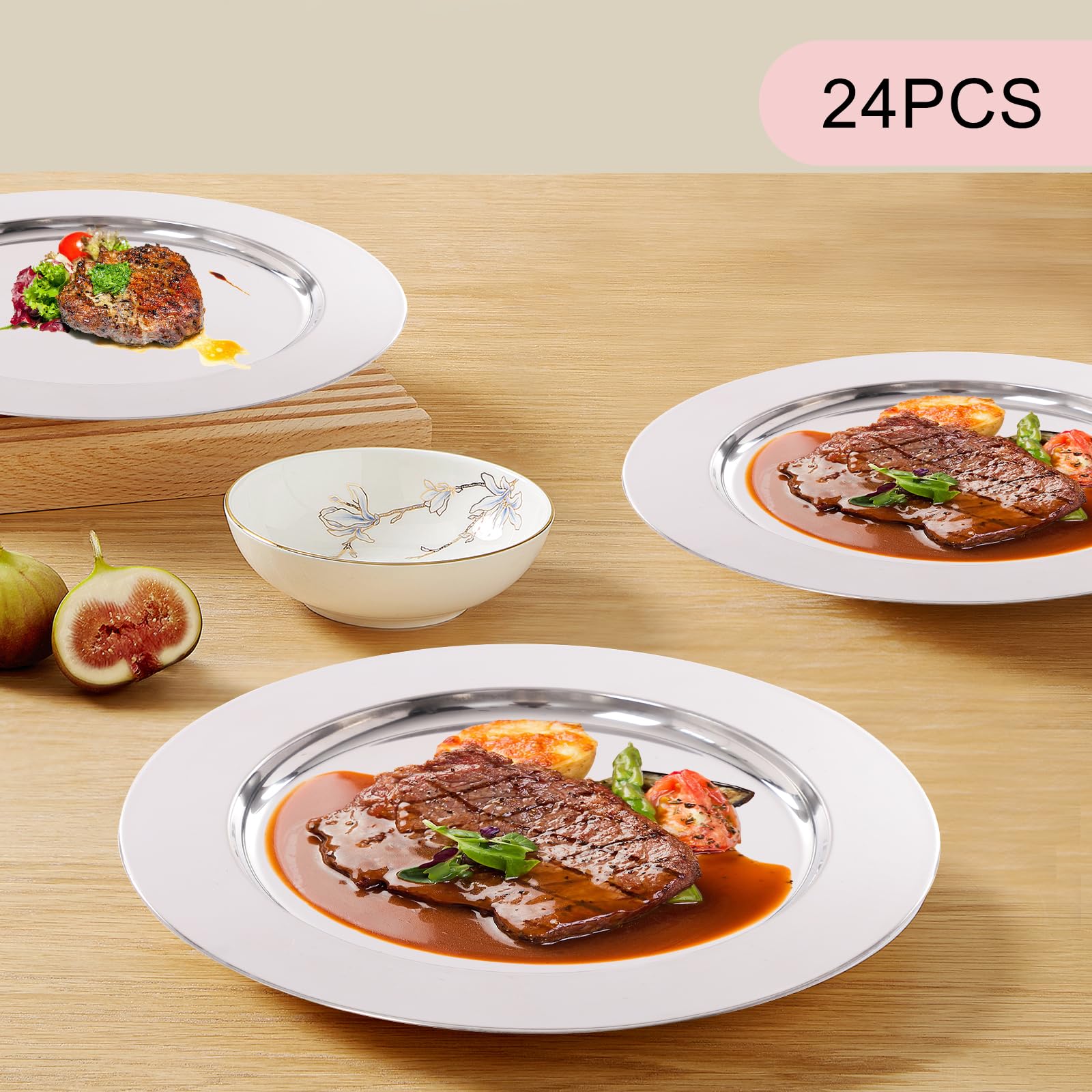 Paquete de 24 platos de carga dorados de 33 cm, acero inoxidable 410 con borde en relieve, platos decorativos reutilizables para boda, Navidad, Halloween, fiesta, banquete, decoración de mesa de