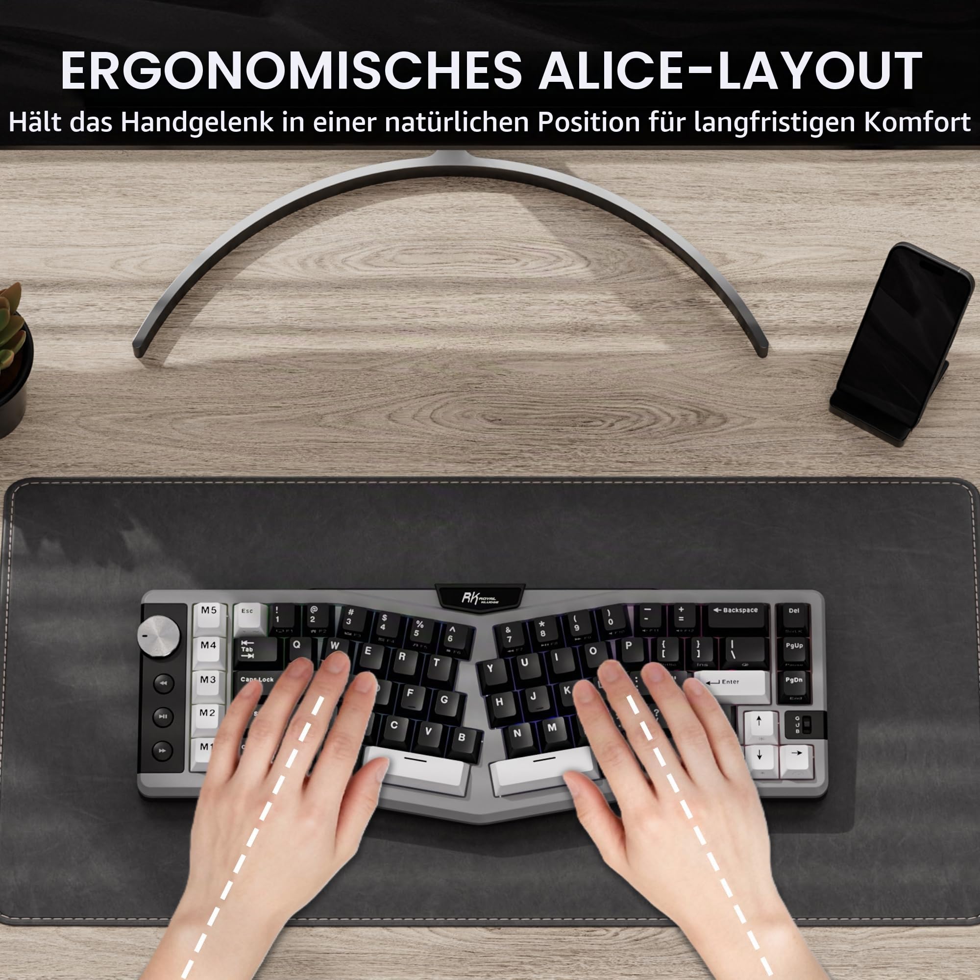 RK ROYAL KLUDGE A72 Alice ergonomisch kabellos mechanische Tastatur, QWERTY | Dichtung RGB-Gaming-Tastatur Makrotasten/Tastbares Typenschild, BT/2,4G/USB-C, 5-lagige Geräuschdämpfung, Win/Mac-Software