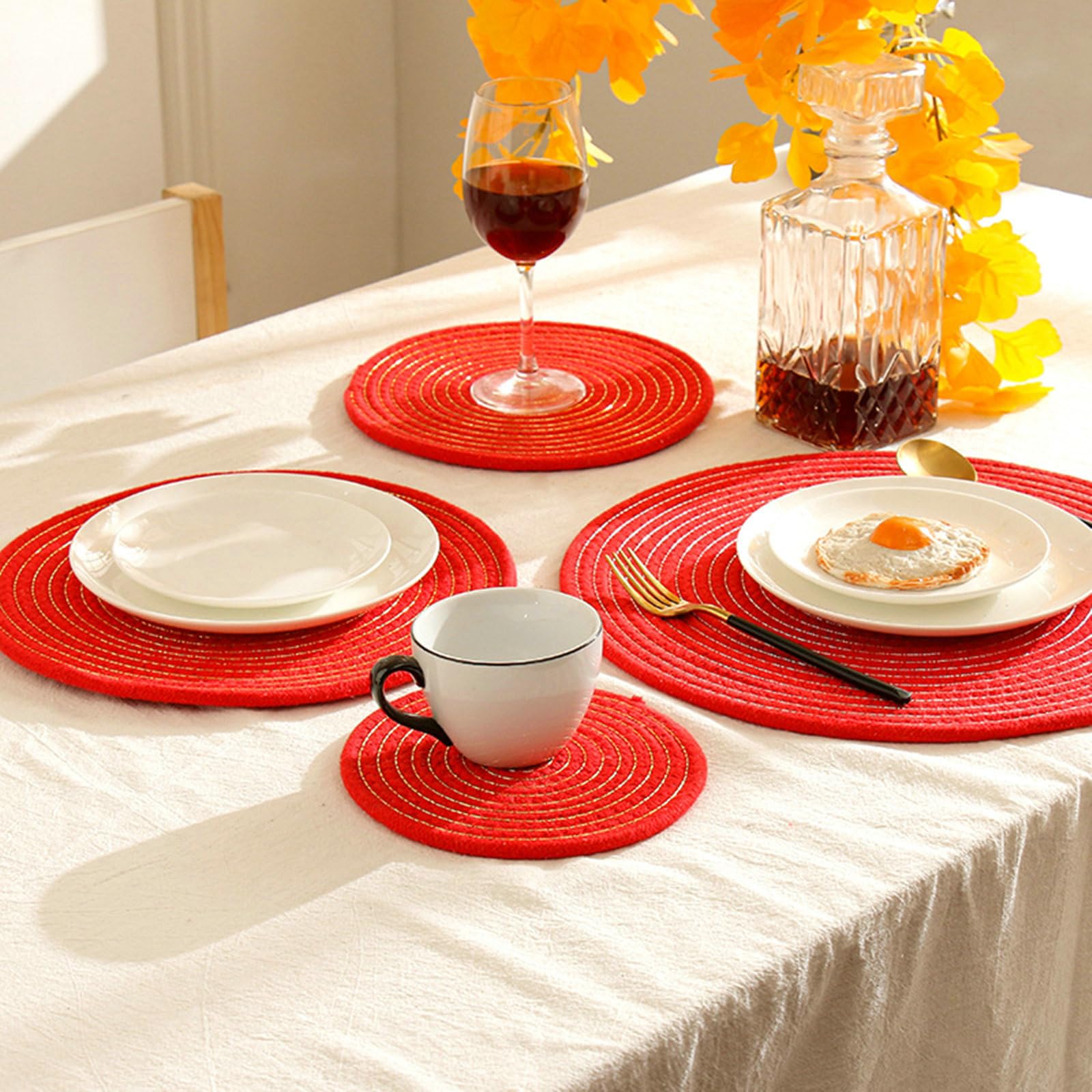 Mantel individual lavable redondo, juego de 6 manteles individuales antimanchas, hilo de algodón plateado, color liso, manteles individuales de algodón linen resistentes al calor, rojo-plata