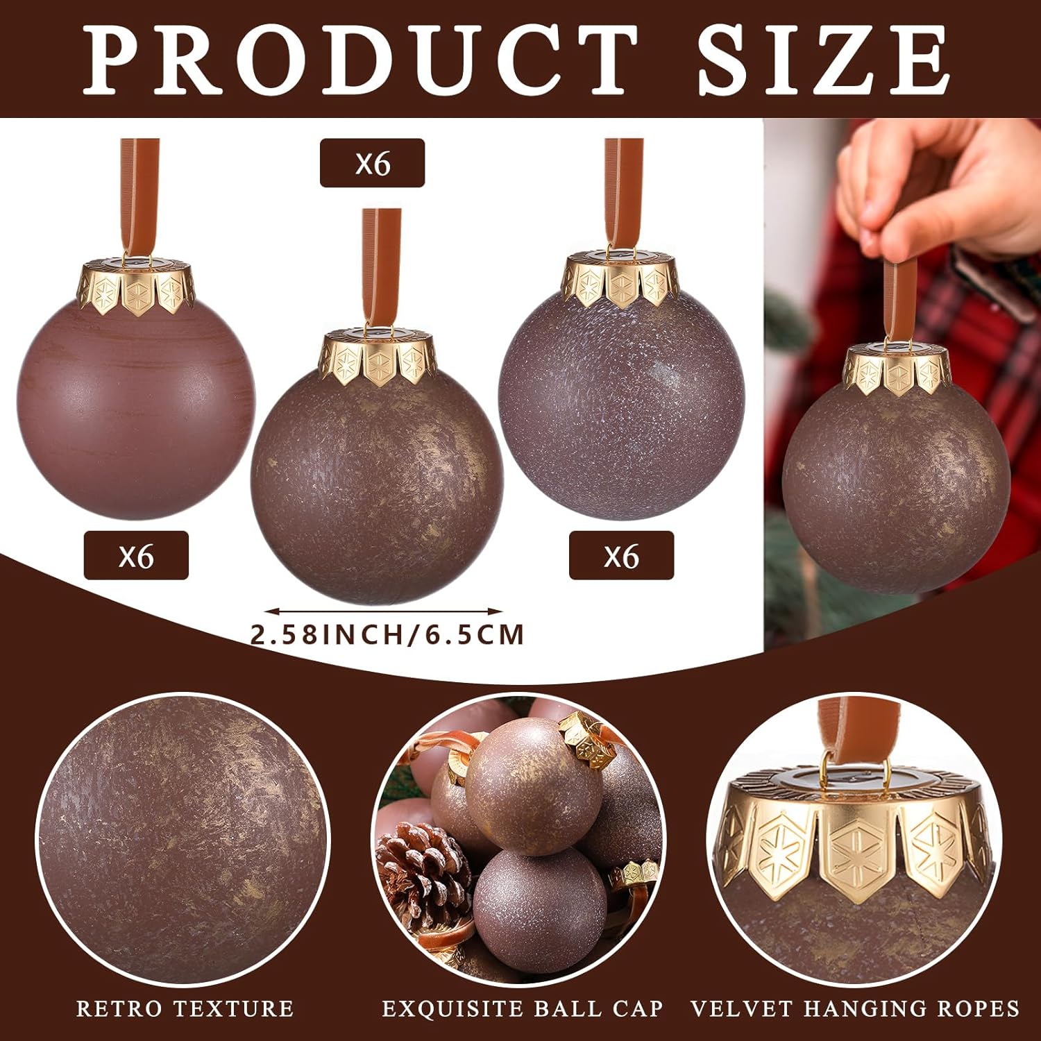 18 Pcs Neutral Christmas Ball Ornaments Brown Ornaments for Christmas Tree 2.58 in Plastic Vintage Textured Copper Antique Decorative Ball Decoration with Loop for Xmas Decoration - Image 2