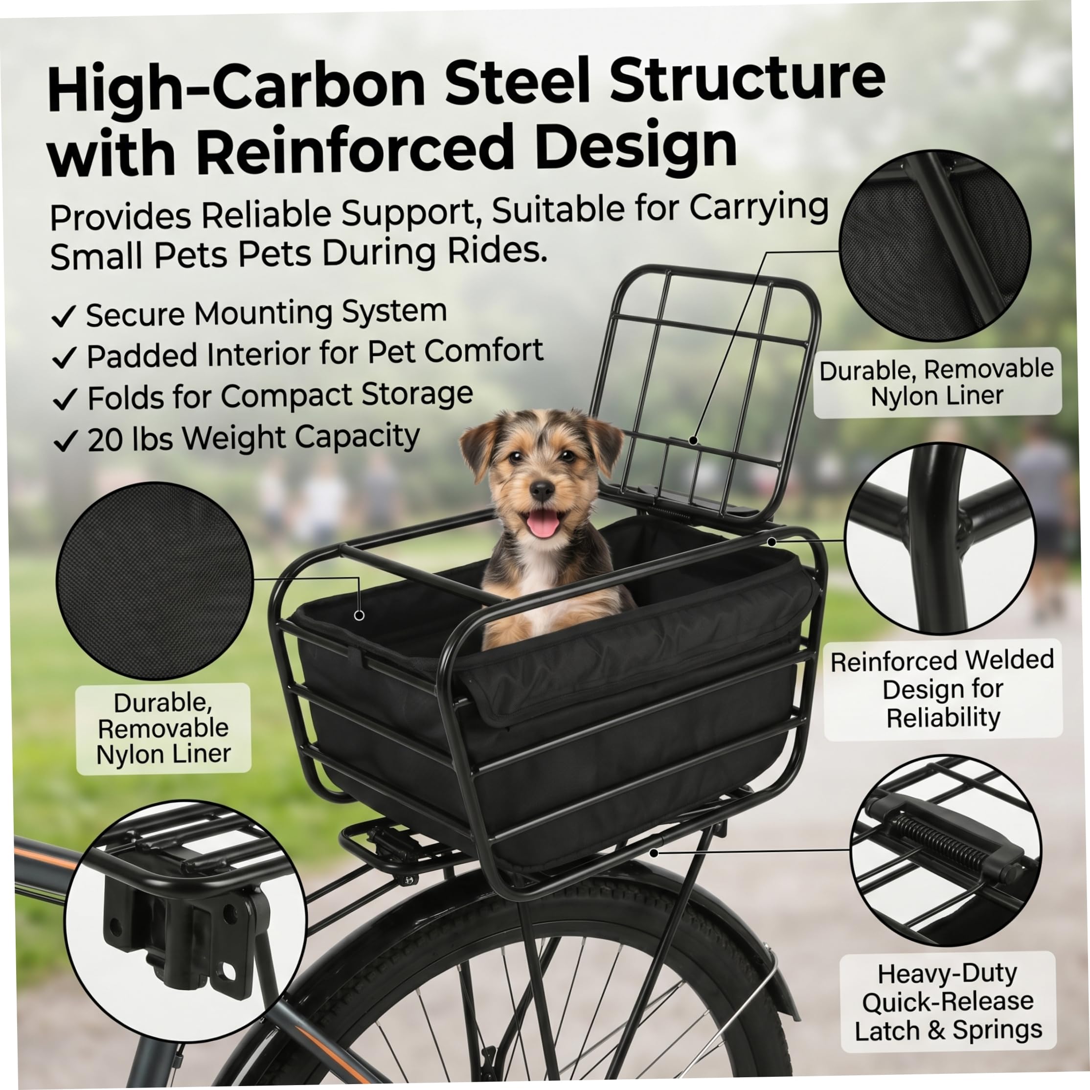 Panier de vélo pour Chien, Porte-vélo arrière pour Chien, Panier Robuste en Acier à Haute teneur en Carbone avec Doublure Souple pour Animaux de Moins 6 LB,