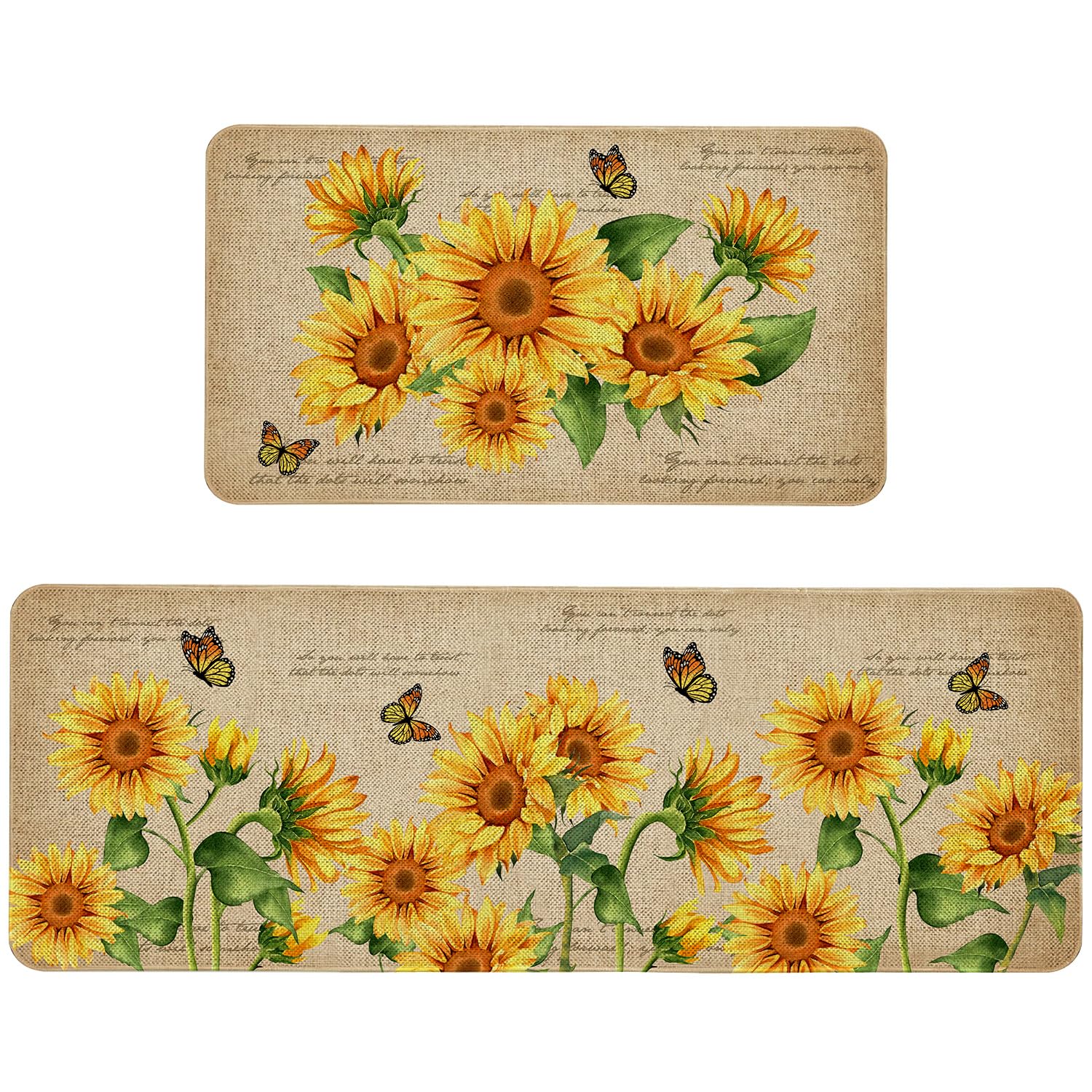 Farmhouse Kitchen Mats Set of 2 Non-Slip Sunflower Kitchen Rugs Seasonal Flowers Home Decor Low Profile Washable Floor Mat 17x47 Inch and 17x29 Inch