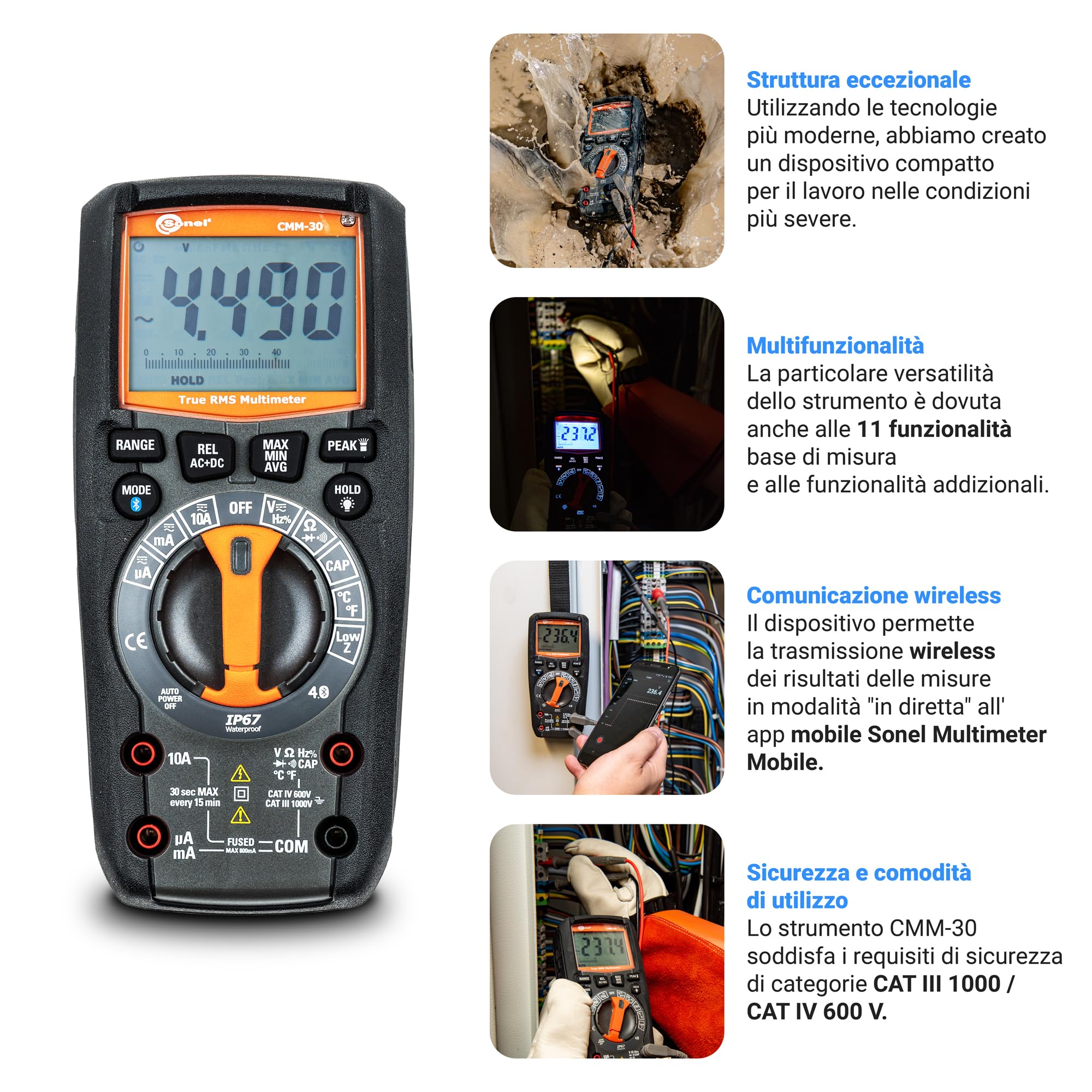 SONEL Multímetro digital industrial, Probador eléctrico, Capacidad/Corriente AC/DC/Voltaje AC/DC/Low Z/Ciclo de trabajo/Resistencia/función PEAK/Frecuencia/función REL (CMM-30)