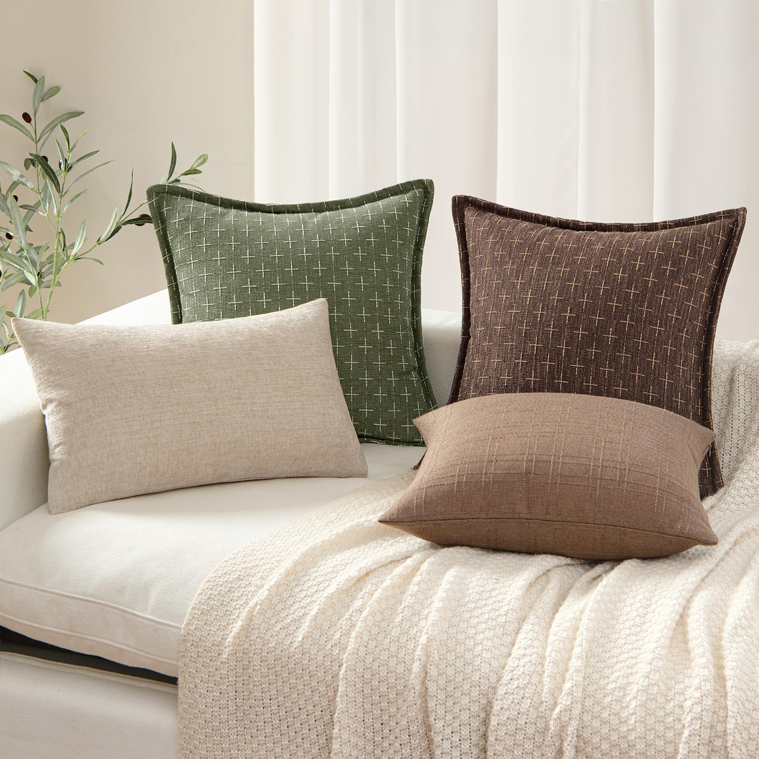 Fundas decorativas de lino de arpillera de 18 x 18 pulgadas, color verde oliva, vintage, fundas de almohada modernas para exteriores, fundas de cojín tejidas con textura para sofá, cama, sala 4