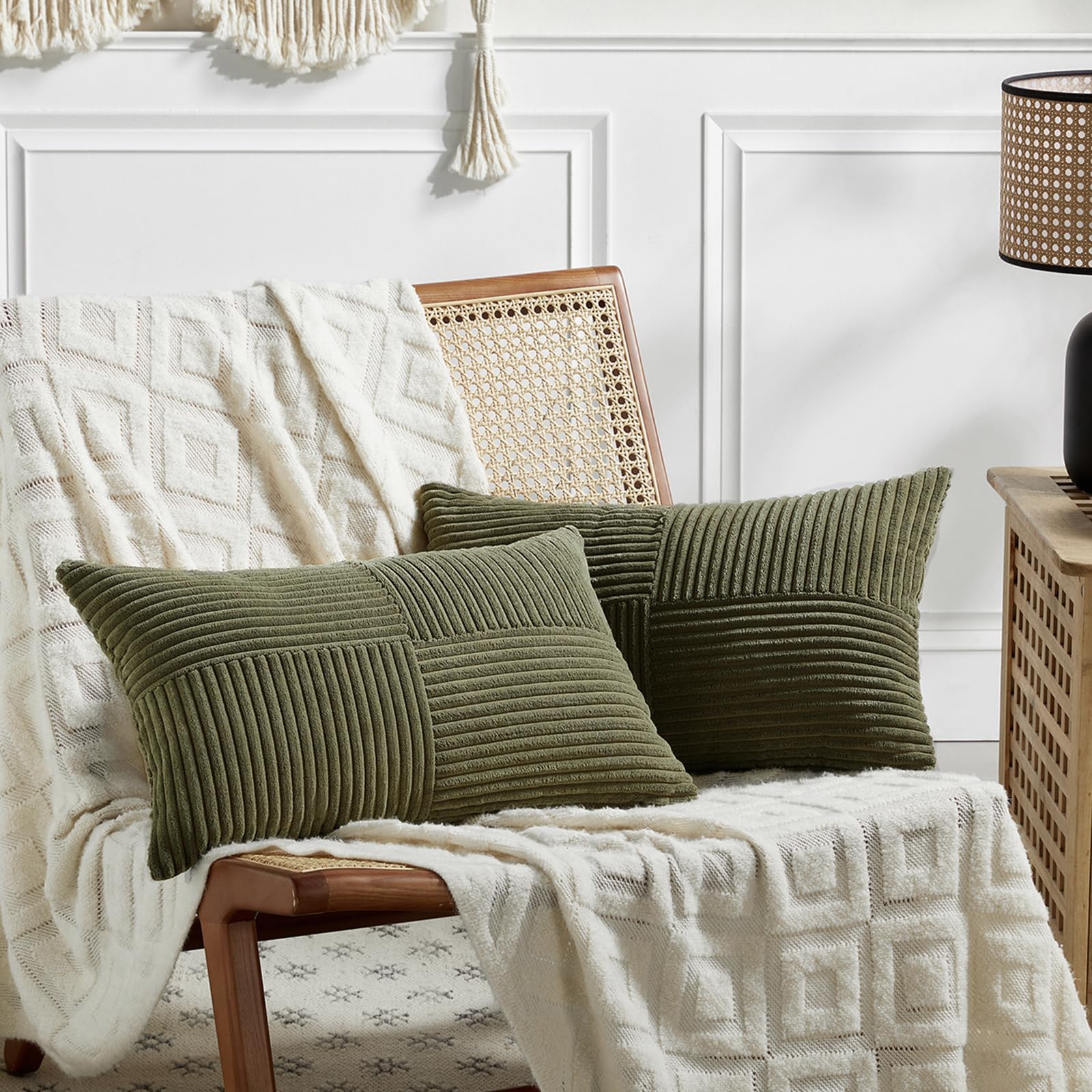 Fancy Homi 2 Packs Olive Green Lumbar Decorative Throw Pillow Covers 14x22 Inch for Living Room Couch Bed, Farmhouse Boho Home Decor, Soft Striped Corduroy Rectangle Accent Cushion Case 35x55 cm — image 1