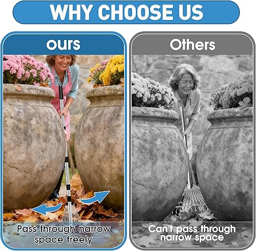 Miniatura 5 de Rastrillo de jardín para hojas, rastrillo de hojas ajustable de metal resistente para césped, longitud de 37 a 81 pulgadas, cabeza ajustable