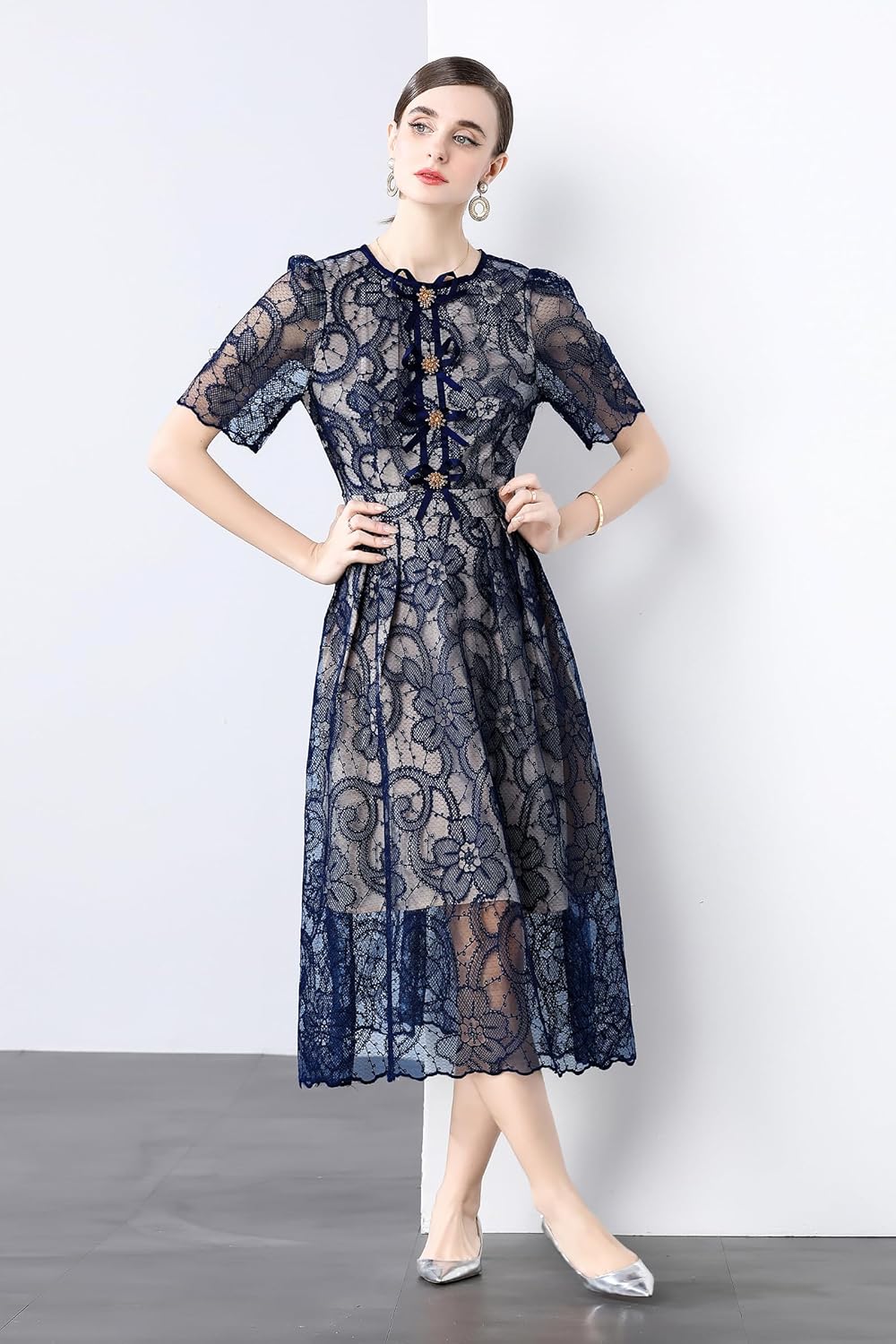 LAI MENG FIVE CATS Women's Puff Sleeve Crewneck Lace Mesh Embroidery Single-Breasted Buttons Midi Dress - Image 3