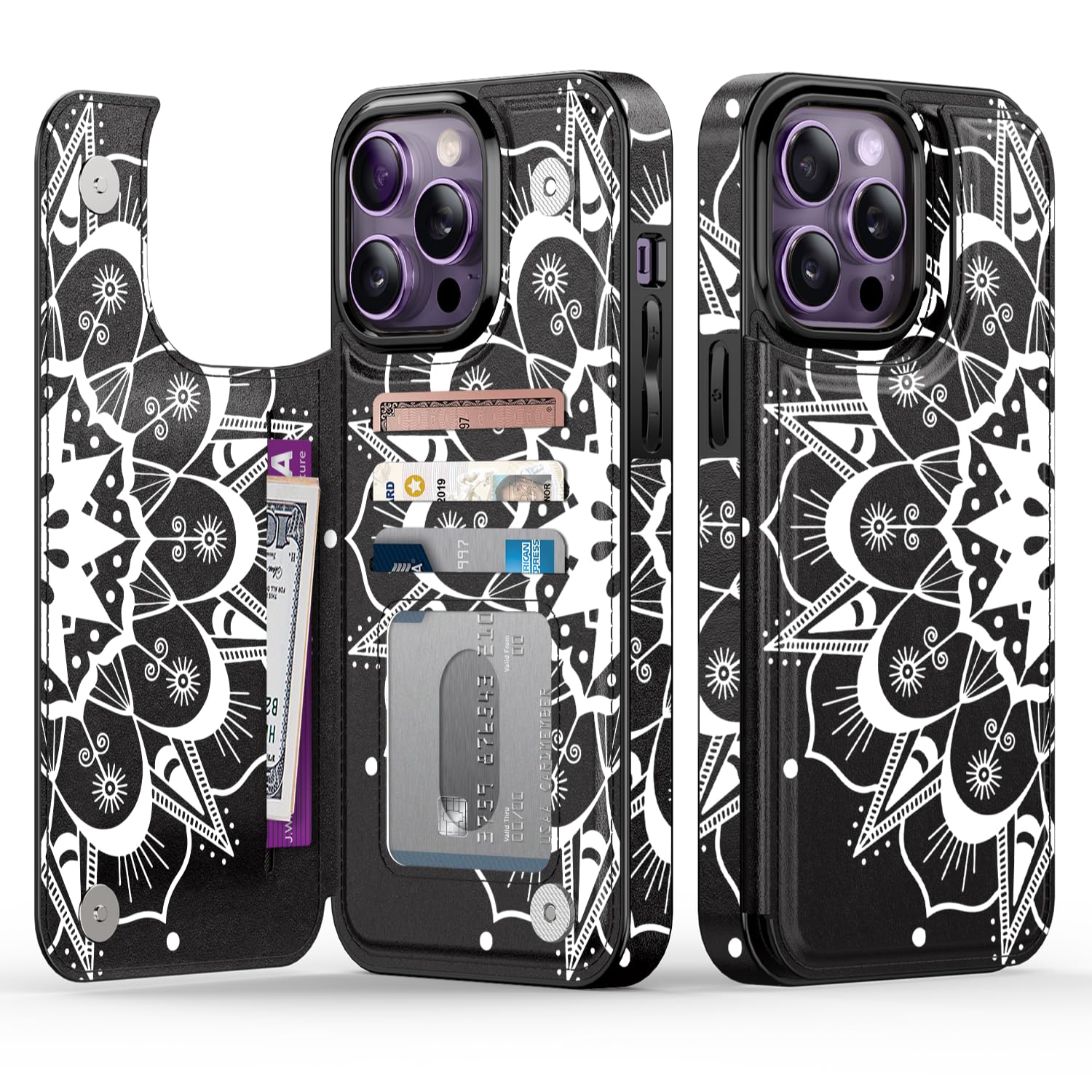 Goodon for iPhone 13 Pro Max Case Wallet - Flip Folio Leather Cover with Trendy Floral Design, 4 Card Slots & Kickstand Function, Protective Phone