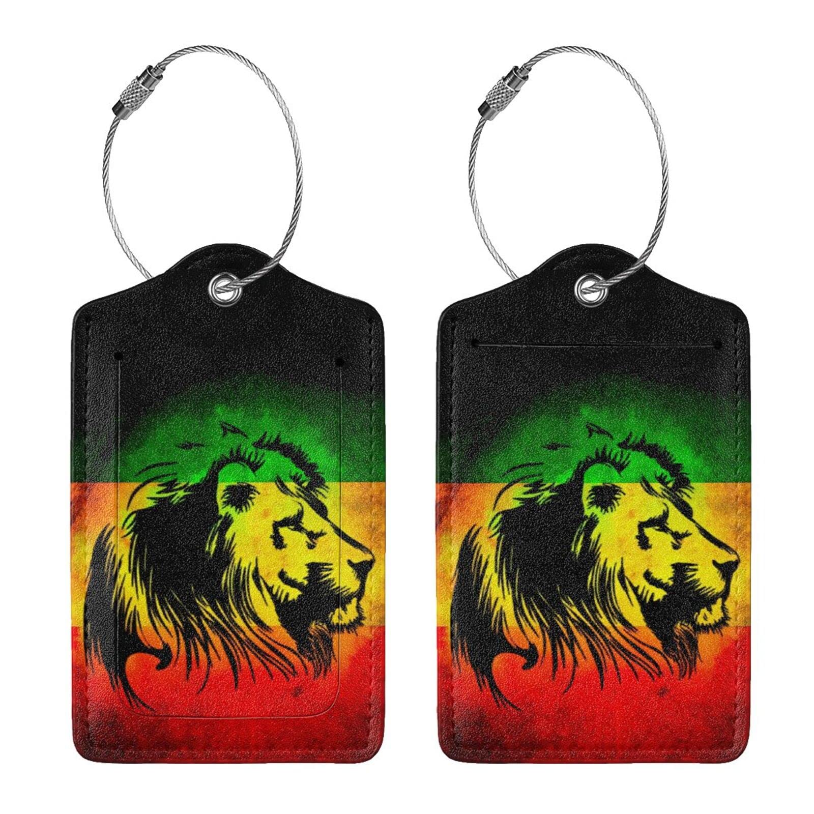 Teery-YY Jamaican Lion Flag Pattern 2 PCS Luggage Tags Privacy Name ID Card Baggage Labels with Stainless Steel Loop PU Leather for Travel Suitcase Bag