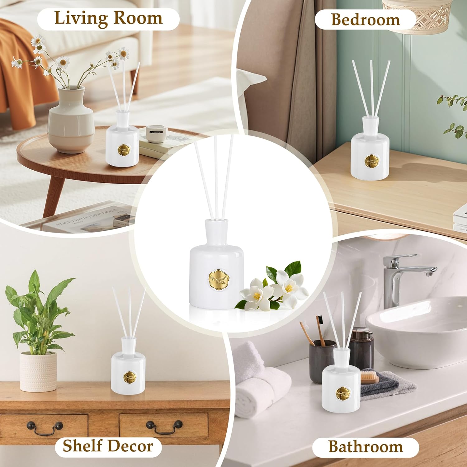 XEPTLE Reed Diffuser Set, 7.04 oz Creamy Gardenia Scent Diffuser with 5 Sticks, Long Lasting Air Freshener, Essential Oil Reed Diffuser, Home Fragrance for Office, Bathroom Shelf Decor, White - Image 6