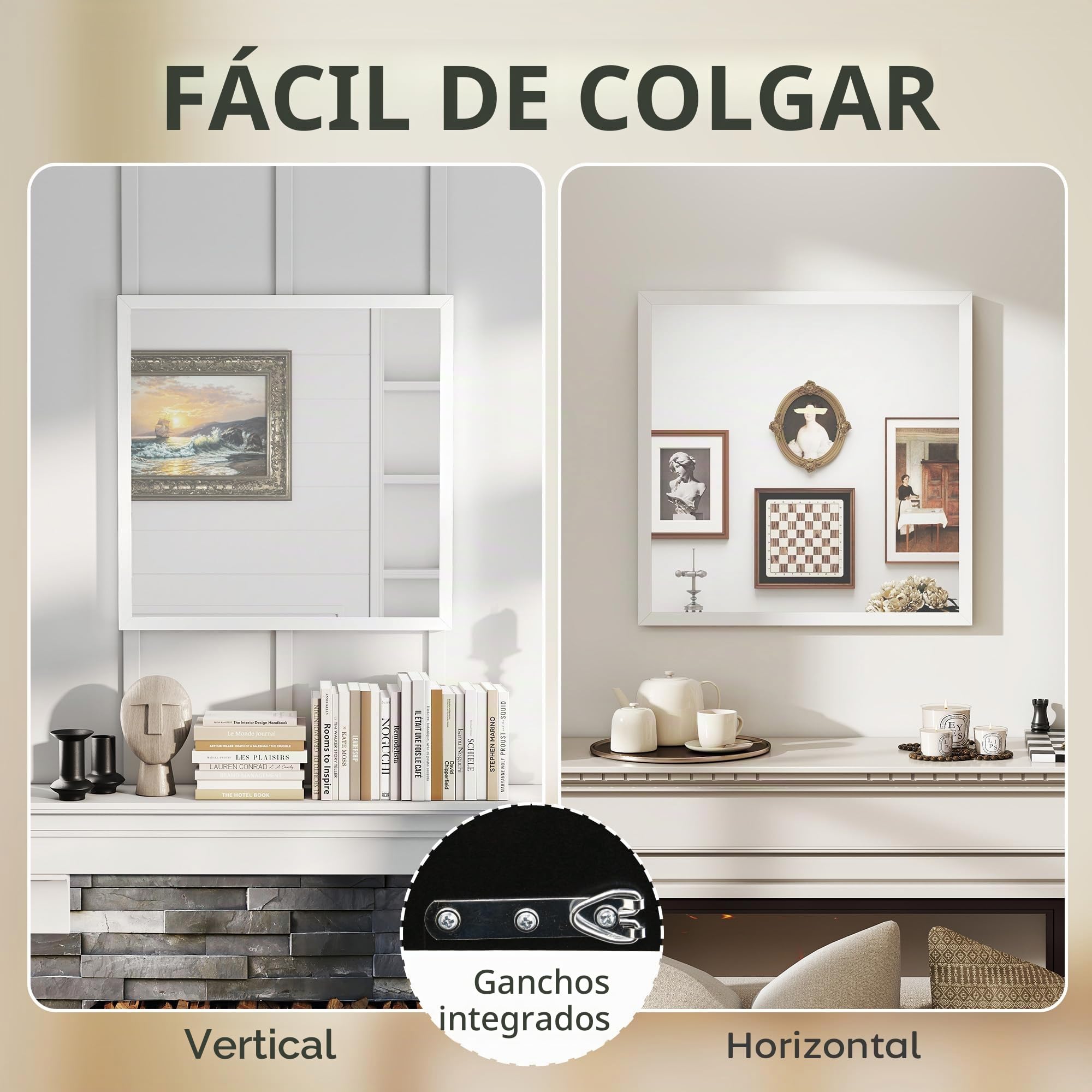 HOMCOM Espejo de Pared Cuadrado 50x50 cm Marco de Madera Blanco | Ideal para baño, sala de estar, dormitorio