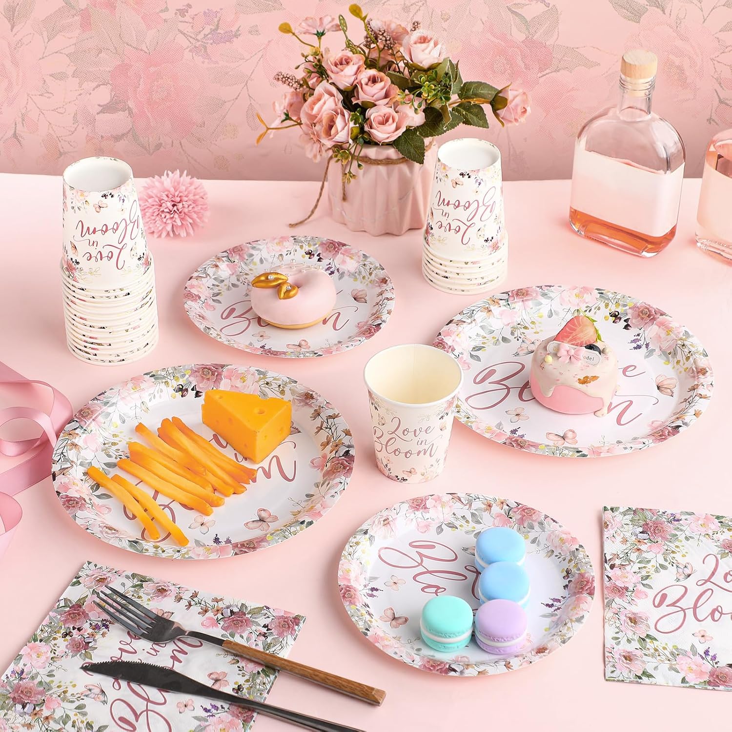 Zhehao 250 Pcs Love in Bloom Bridal Shower Plates Napkins Sets 50 Pcs 9'' Dinner Plates and 7'' Dessert Plate and 9oz Cups 100 Napkins Serves 50 Party Supplies Bridal Shower Engagement Decoration
