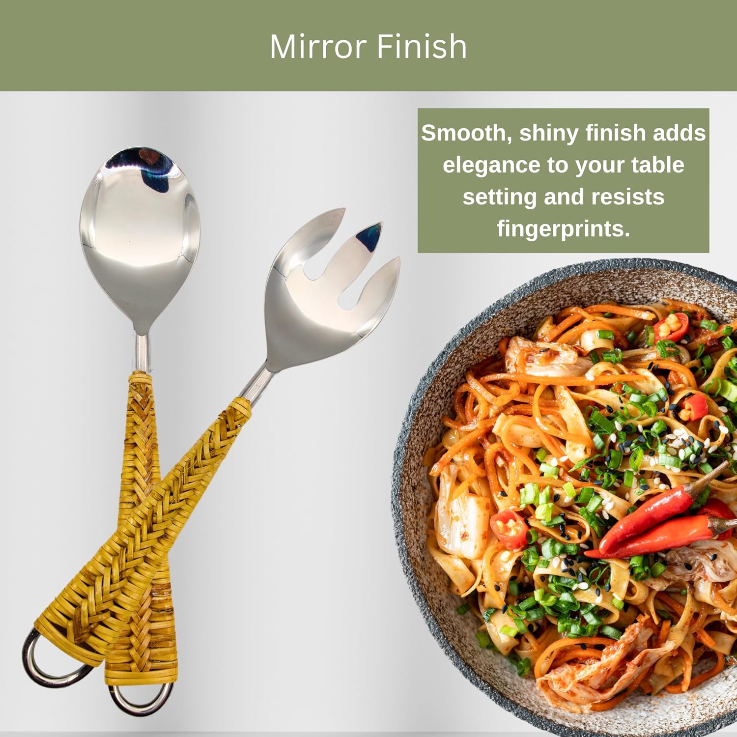 Stainless Steel Salad Spoon Set with Rattan Wrapped Handles – 2-Piece Serving Utensils for Salad, Pasta, Fruits – Rustic Handwoven Kitchen Tools for Dining, Cooking, Entertaining & Gifting