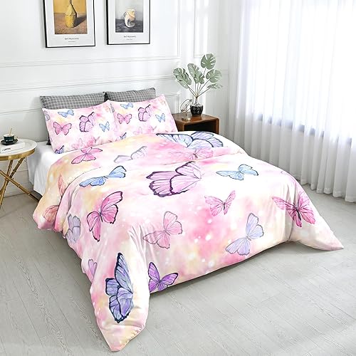Funda de edredón con diseño de mariposa de insectos, color rosa, tamaño individual, juego de ropa de cama ultra suave y transpirable con dibujos