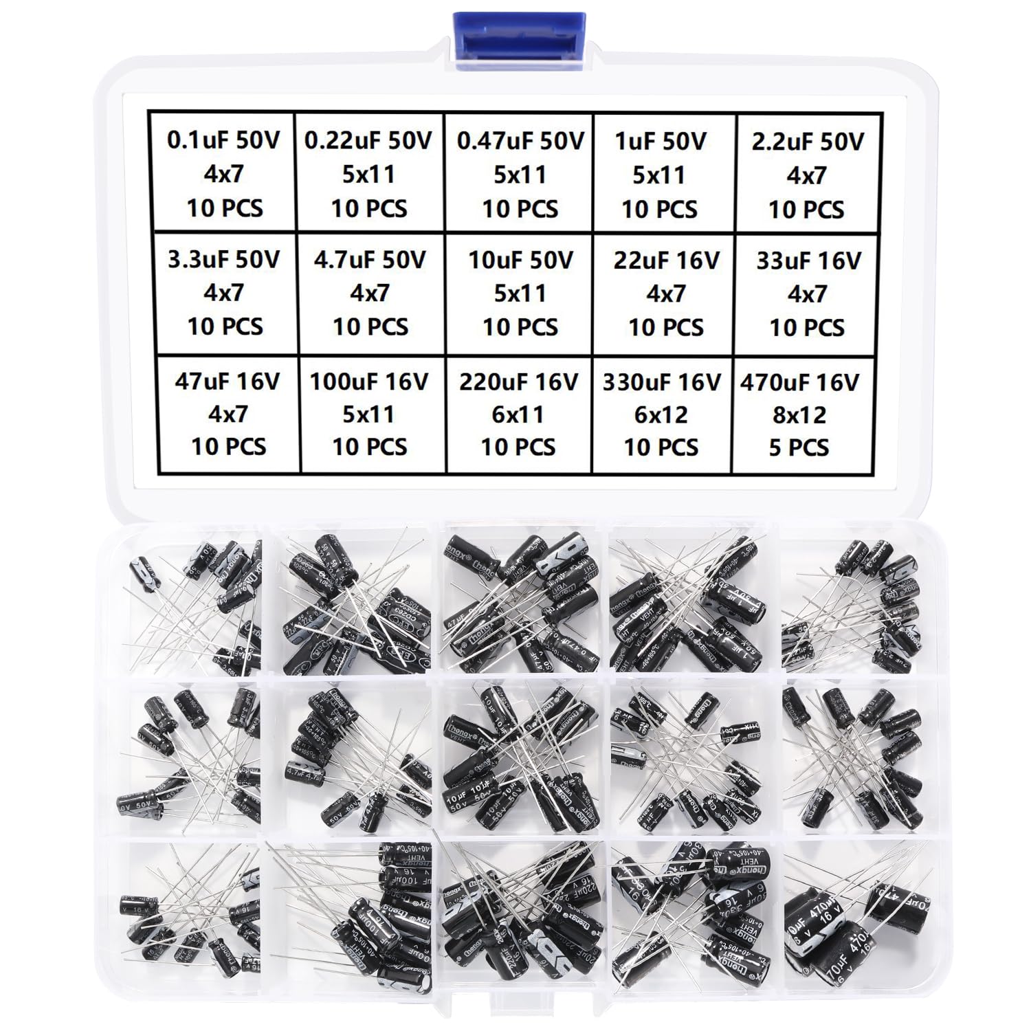 YIXISI 145 Piezas Condensadores Electroliticos Kit 0.1uF-470uF 16V 50V
