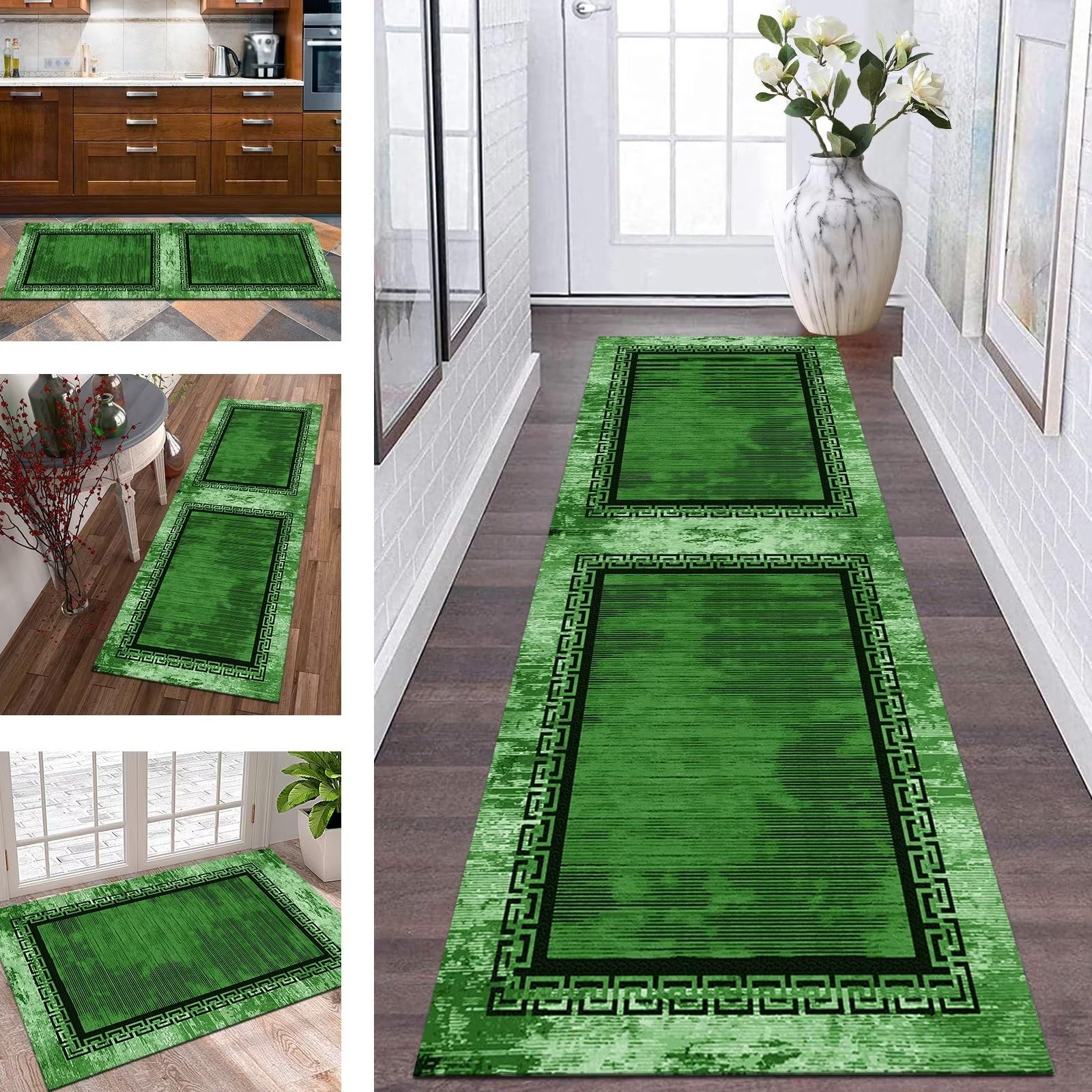 Tappeto Runner Lungo 4 Metri Per Cucina E Corridoio, Antiscivolo E Lavabile, 90x400 Cm, Verde Moderno, Antimacchia, Spessore 6 Mm