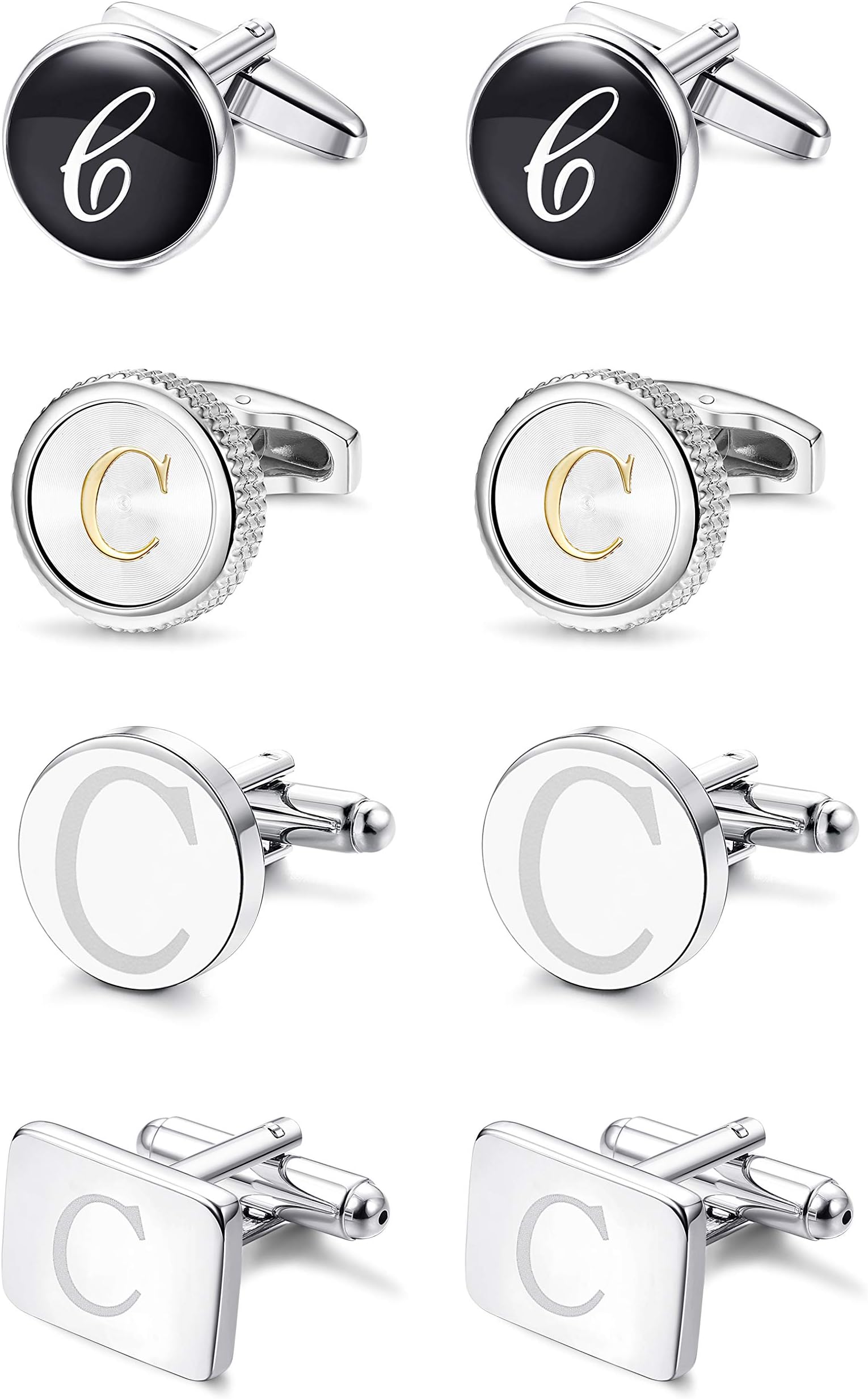 LOYALLOOKLOYALLOOK 4Pairs Men's Initial Letter Shirts Cufflinks Engraved Shirt Cufflink Alphabet Set Fashion Dazzle Tuxedo Cufflinks Business Wedding Father's DayGift
