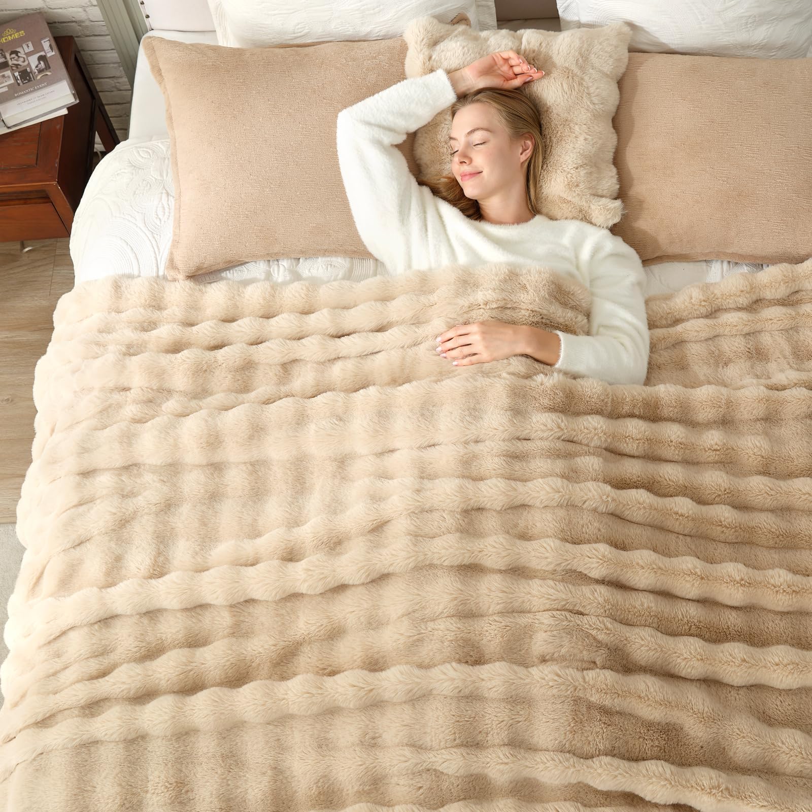 Cozy Bliss Faux Fur Throw Blanket for Couch, Bubble Plush Blanket King Size, Fuzzy Soft & Thick Blanket for Bed Sofa Living Room, 108x90 Inches Beige