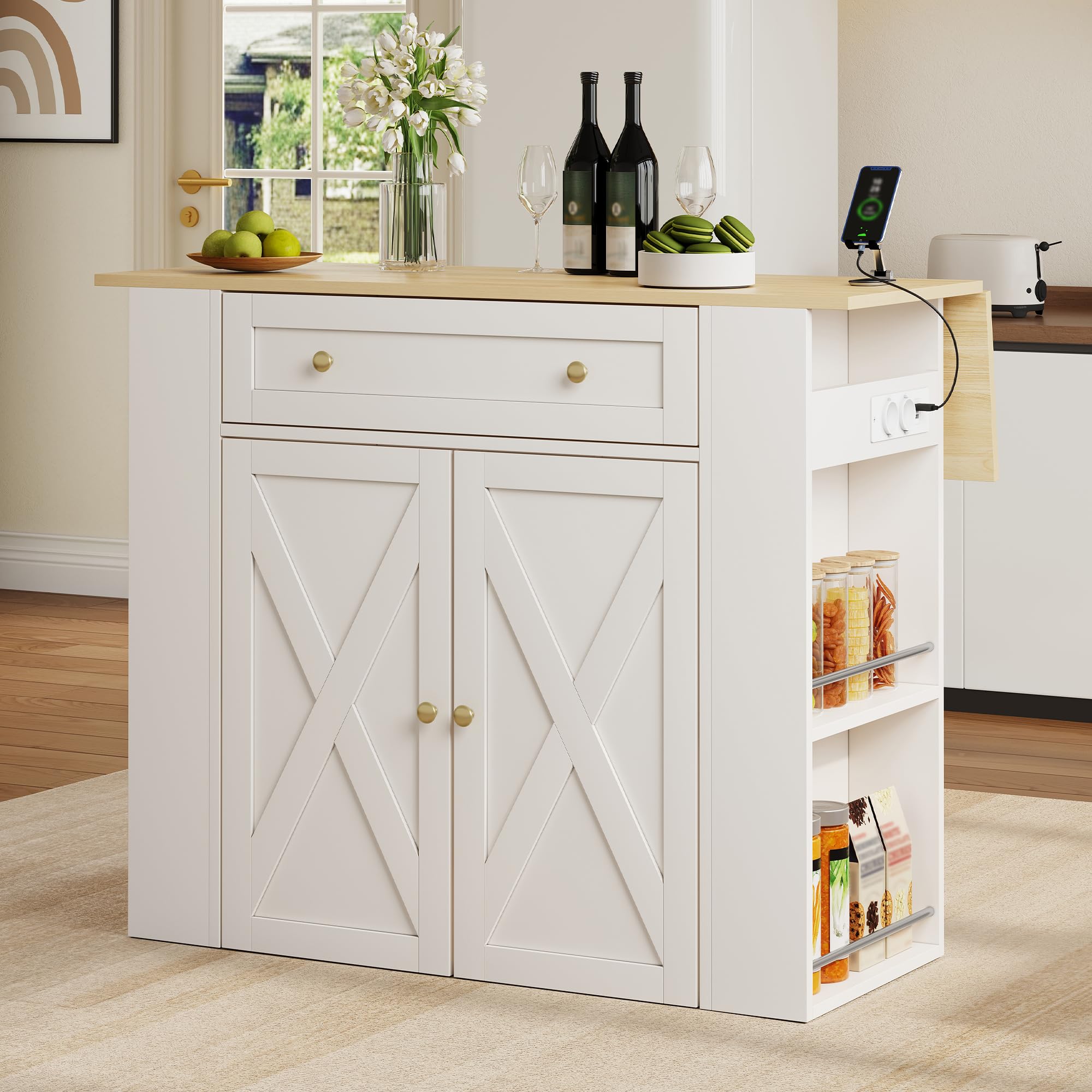 Isola da cucina con piano di lavoro pieghevole, 2 ante, 1 cassetto e ripiani laterali aperti, bar da caffè per sala da pranzo e soggiorno, 120 × 47 (75) × 97 cm, bianco