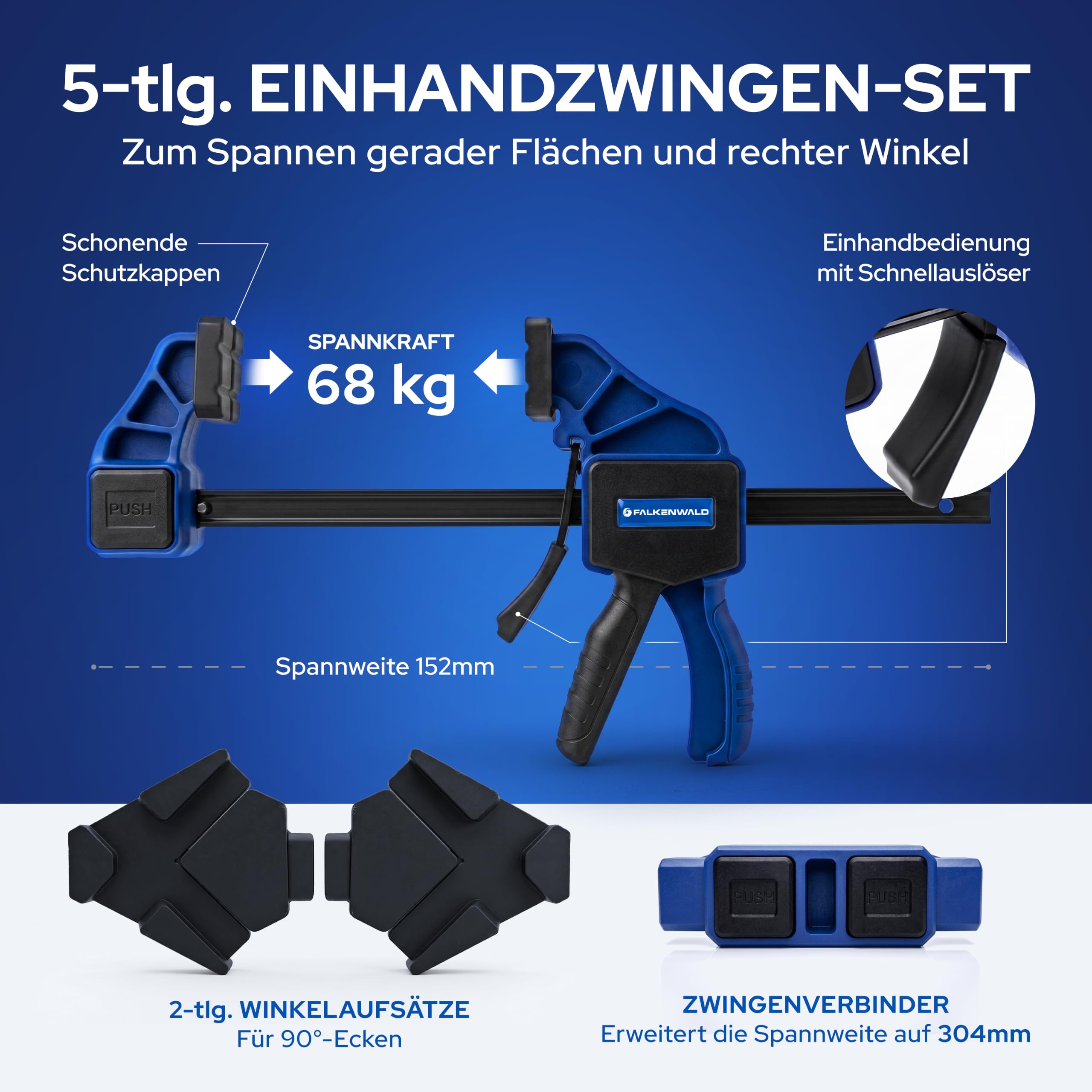 FALKENWALD Einhandzwinge Set - Klemmzwingen & Eckzwinge bis 304 mm