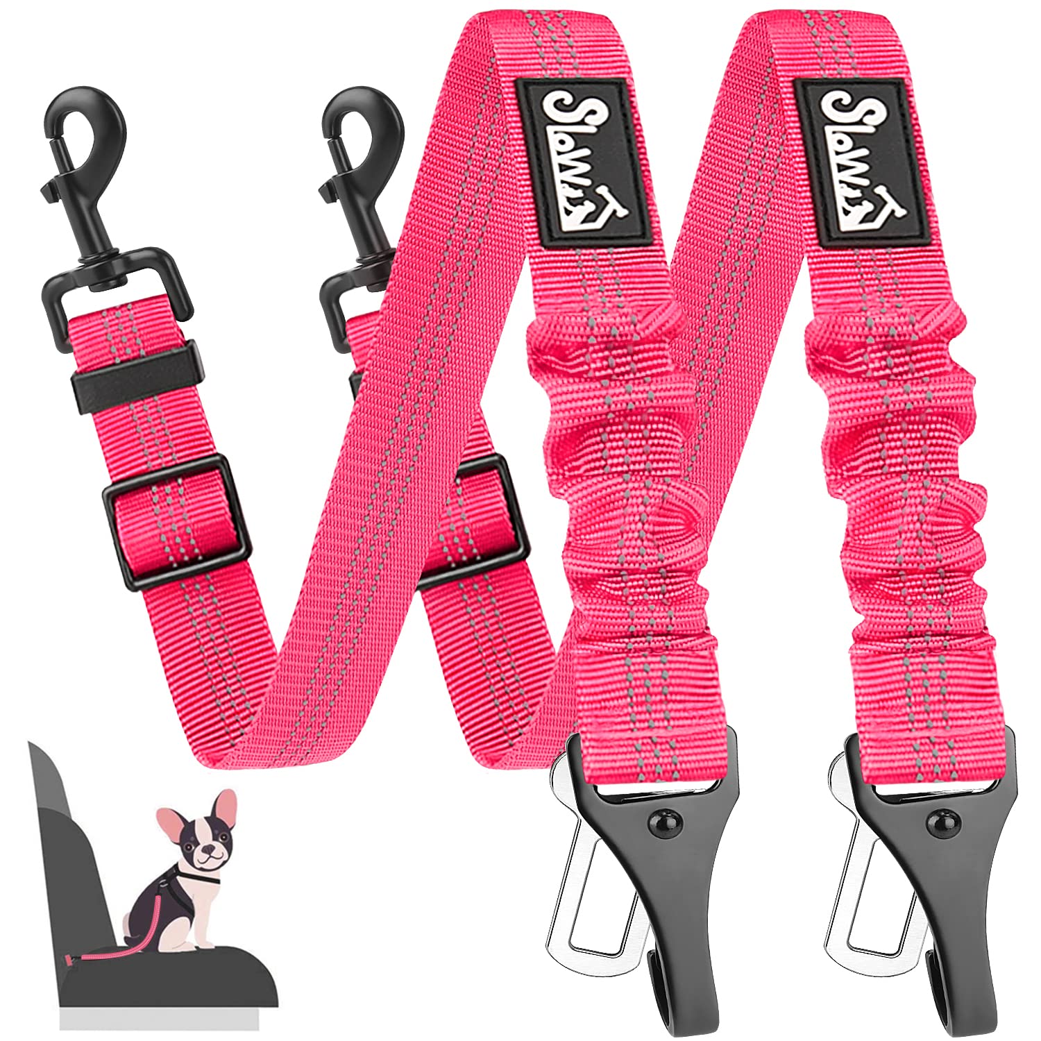 SlowTon 2 Pack Dog Seat Belt, 2 in 1 Attachment, Hook Latch Bar or Seatbelt Buckle with Elastic Nylon Bungee Buffer Adjustable Reflective Nylon Safety