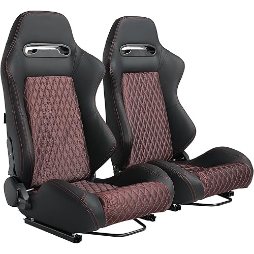 2 Pack Racing Seats, Universal PVC Leather Bucket Seats with Dual Lock Sliders for Front-Back Adjustment - Automotive Racing Seats for Cars, Black＆Red