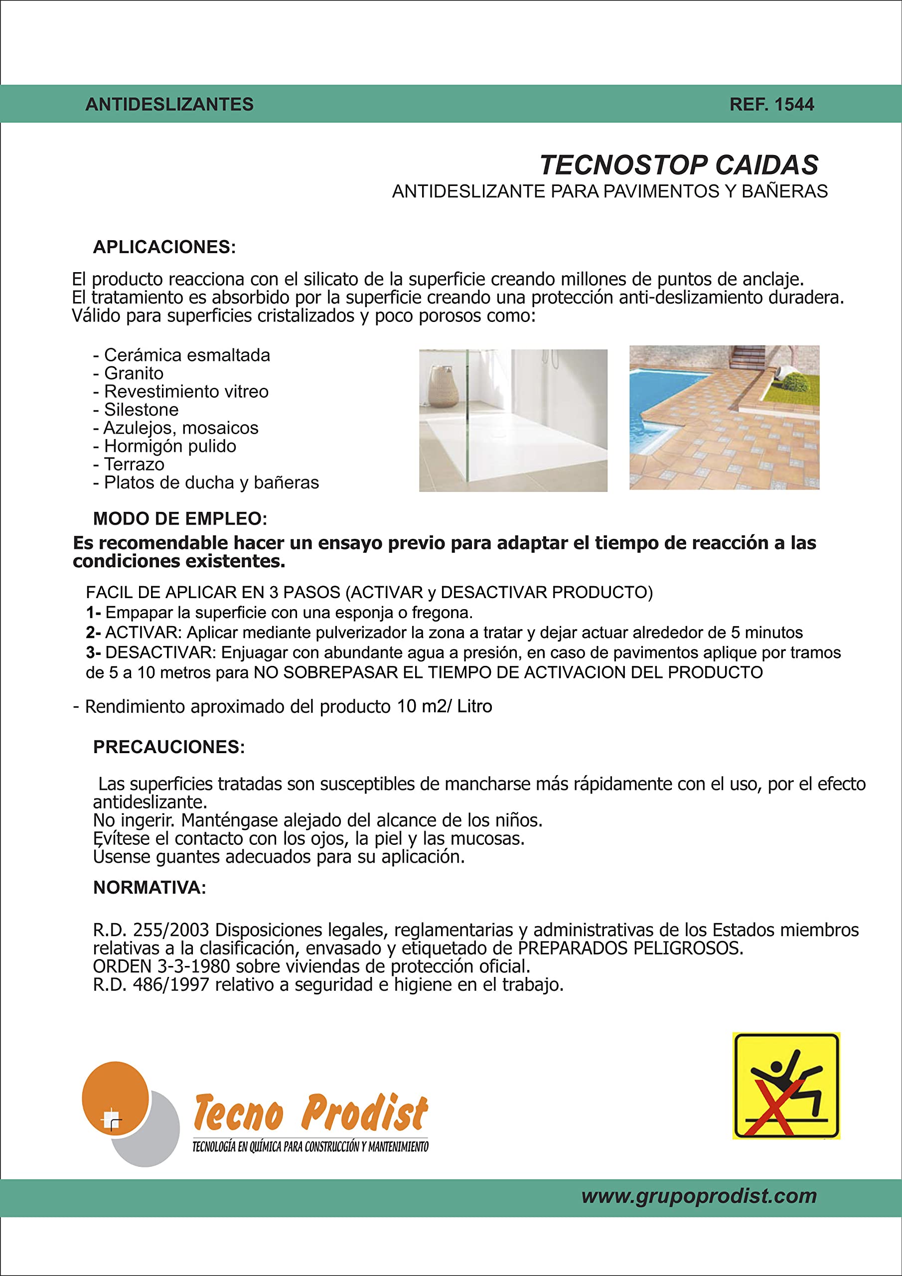 TECNO STOP CAIDAS (4 Litros) de Tecno Prodist, spray líquido antideslizante suelo, transparente, para todo tipo superficies como ducha,bañera,pavimentos+ Pulverizador profesional