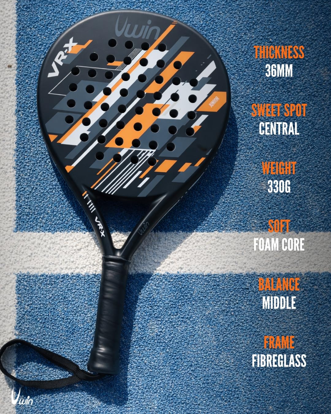 Uwin VR-X Junior - Racchetta da padel per bambini, telaio in fibra di vetro leggera, anima morbida EVA 13, forma rotonda con punto dolce centrale, finitura opaca, arancione, bianco, grigio